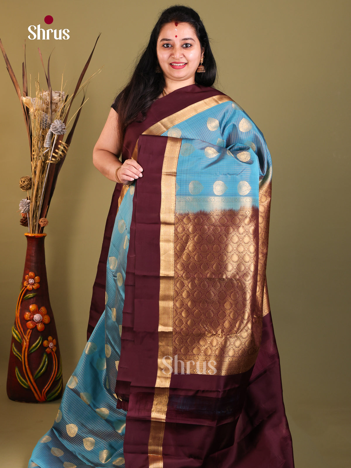 Blue & Maroon - Kanchipuram-halfpure Saree
