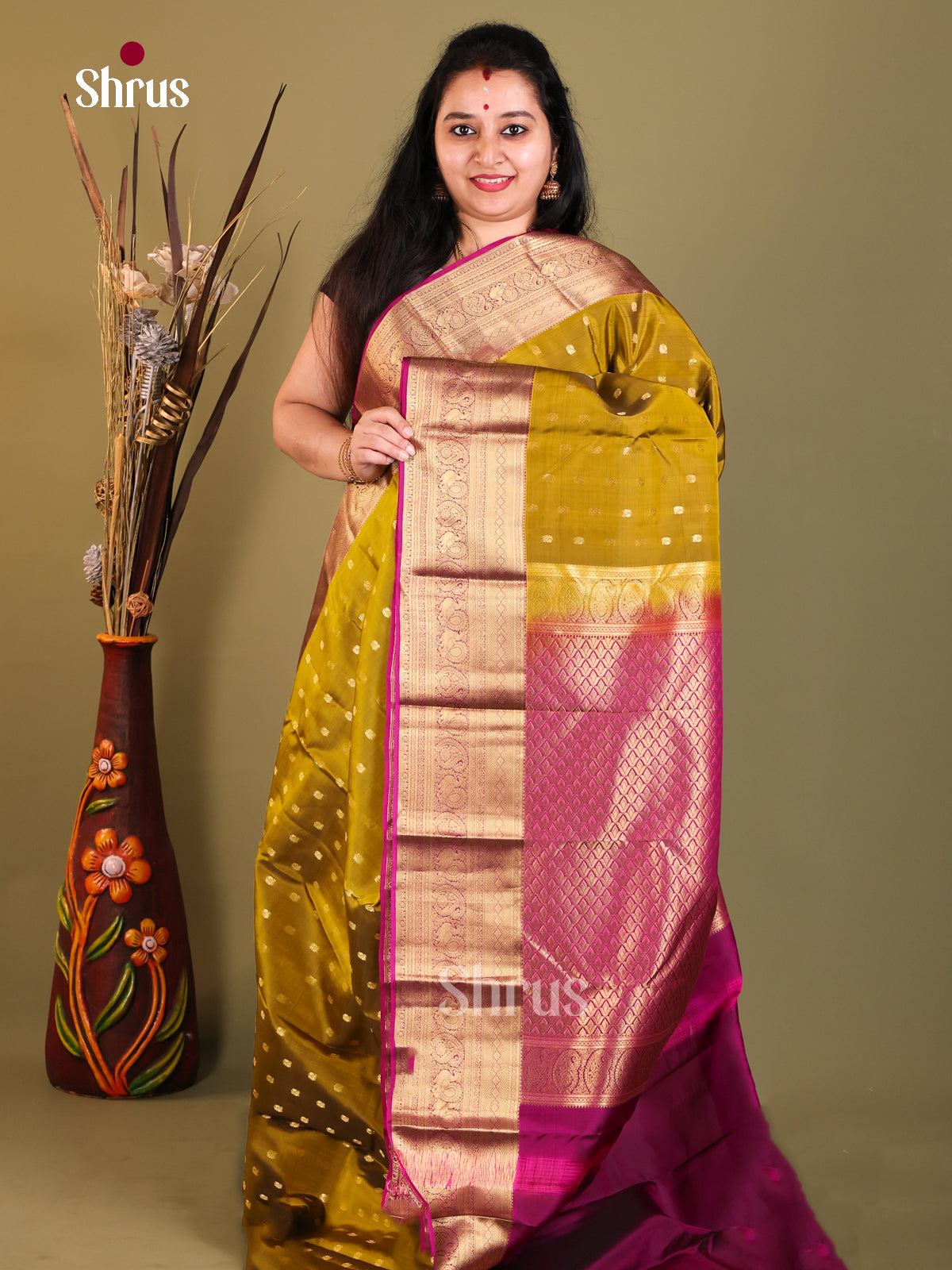 Mehandi Green & Purple - Kanchipuram-halfpure Saree - Shop on Shrus.com