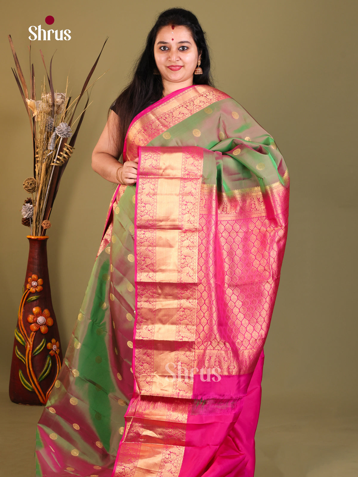 Double Shaded Green & Pink - Kanchipuram-halfpure Saree - Shop on Shrus.com