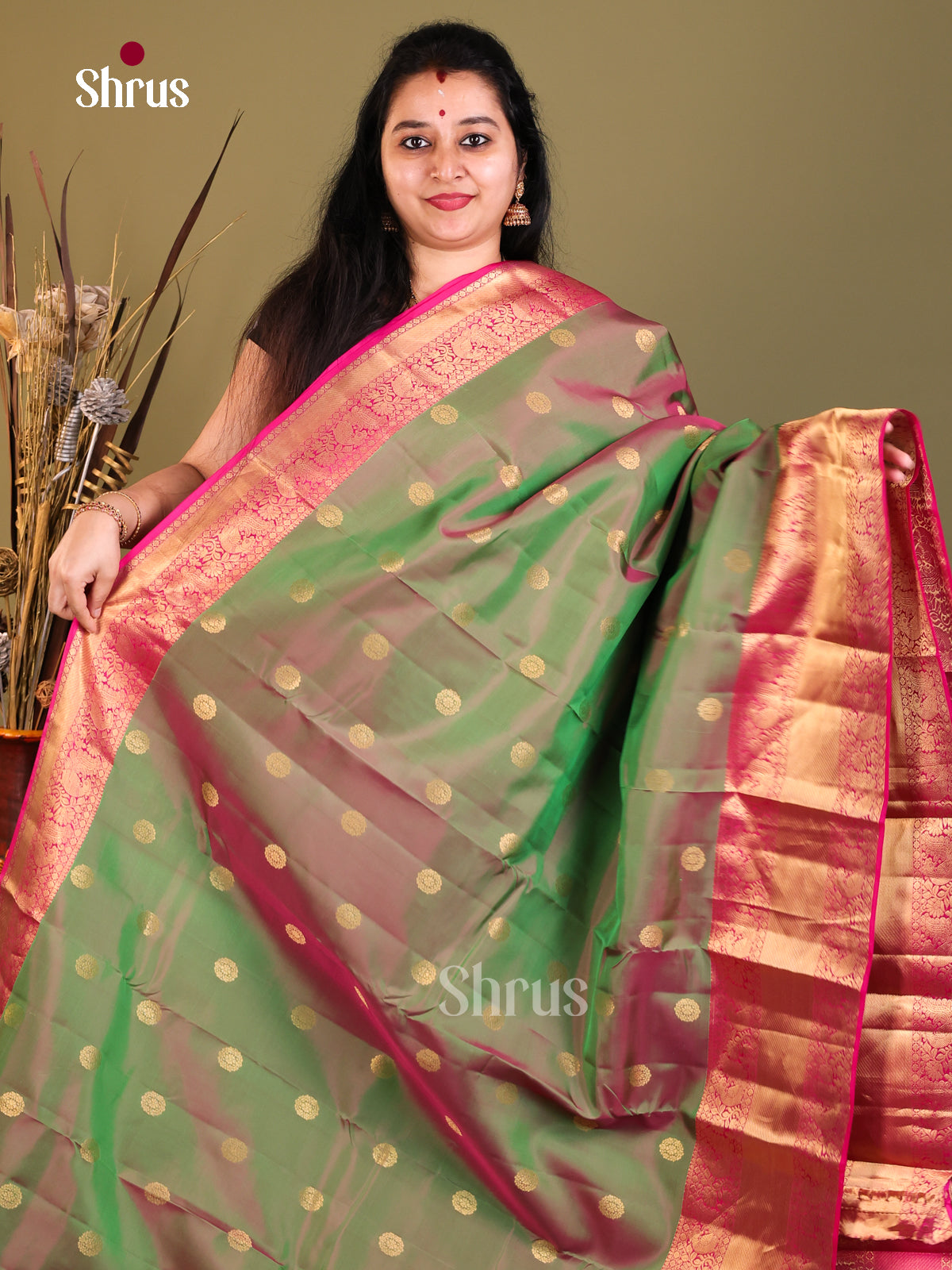 Double Shaded Green & Pink - Kanchipuram-halfpure Saree - Shop on Shrus.com