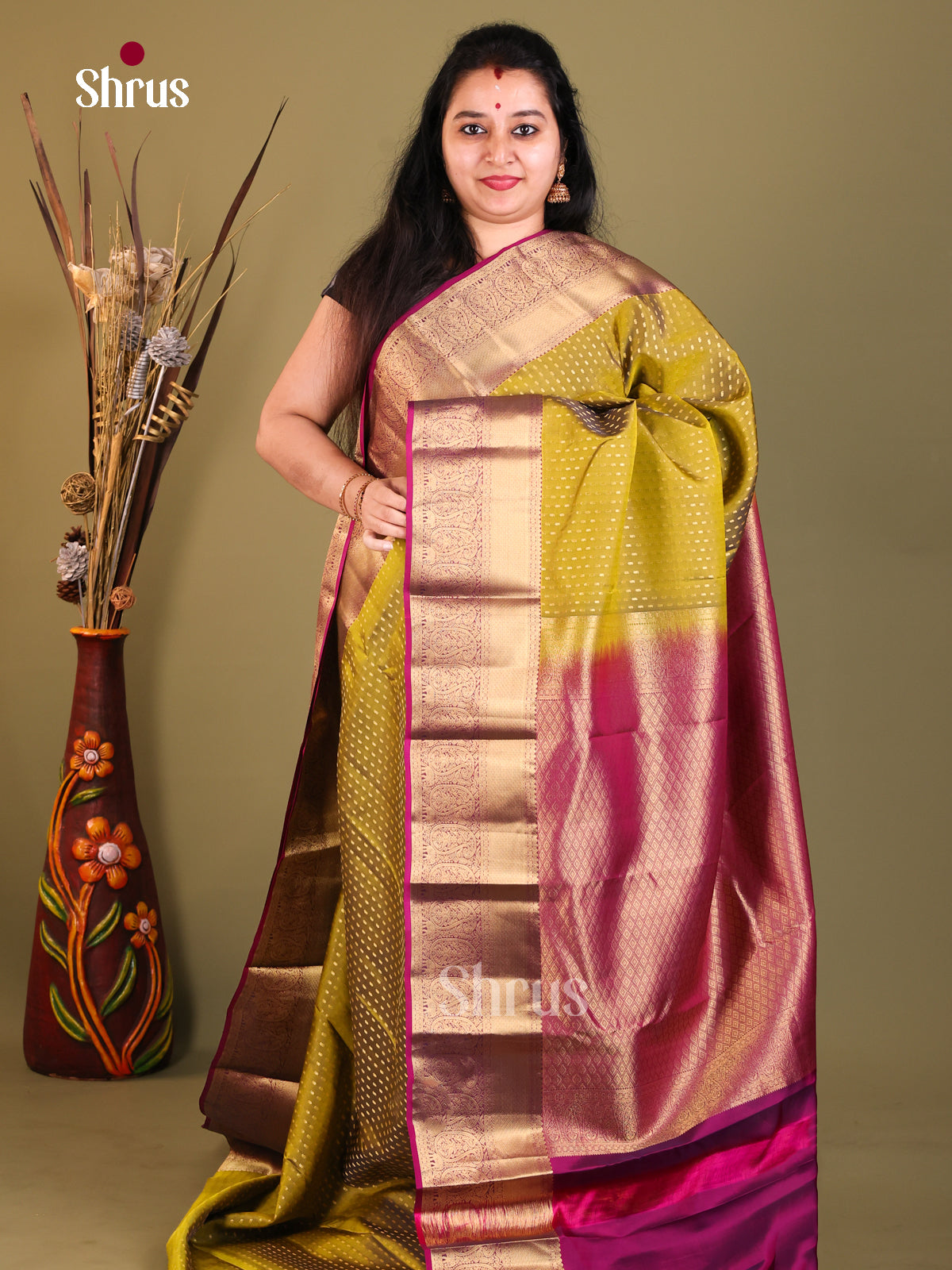 Mehandi Green & Purple - Kanchipuram-halfpure Saree - Shop on Shrus.com