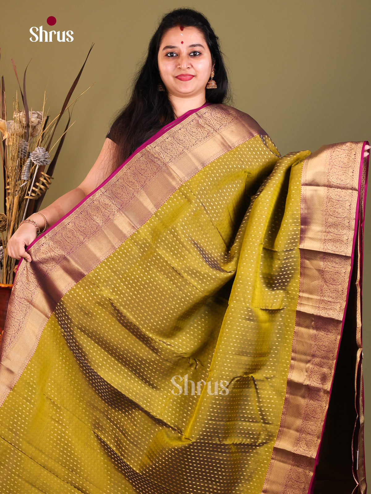 Mehandi Green & Purple - Kanchipuram-halfpure Saree - Shop on Shrus.com