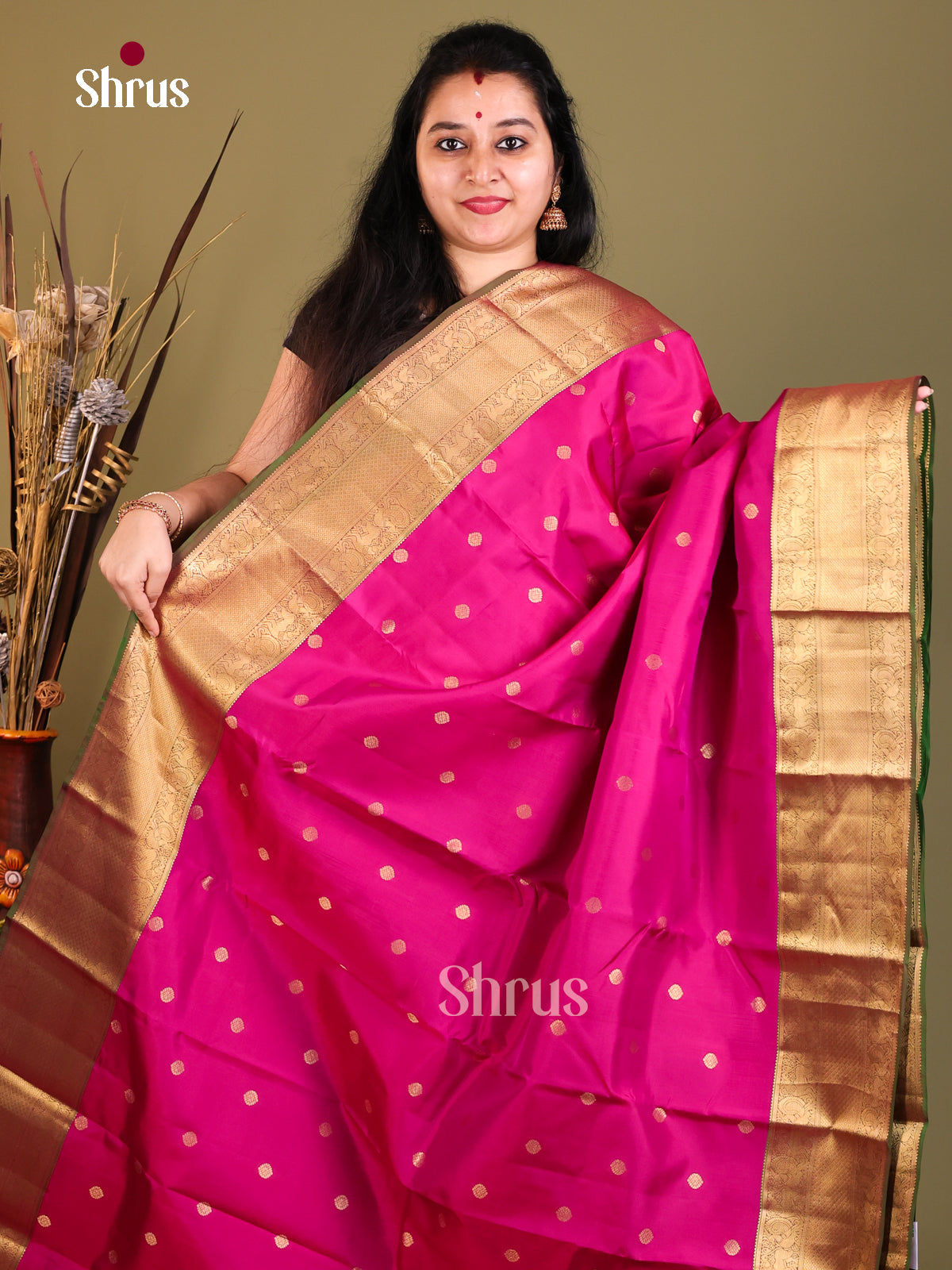 Majenta Pink & Green- Kanchipuram-halfpure Saree