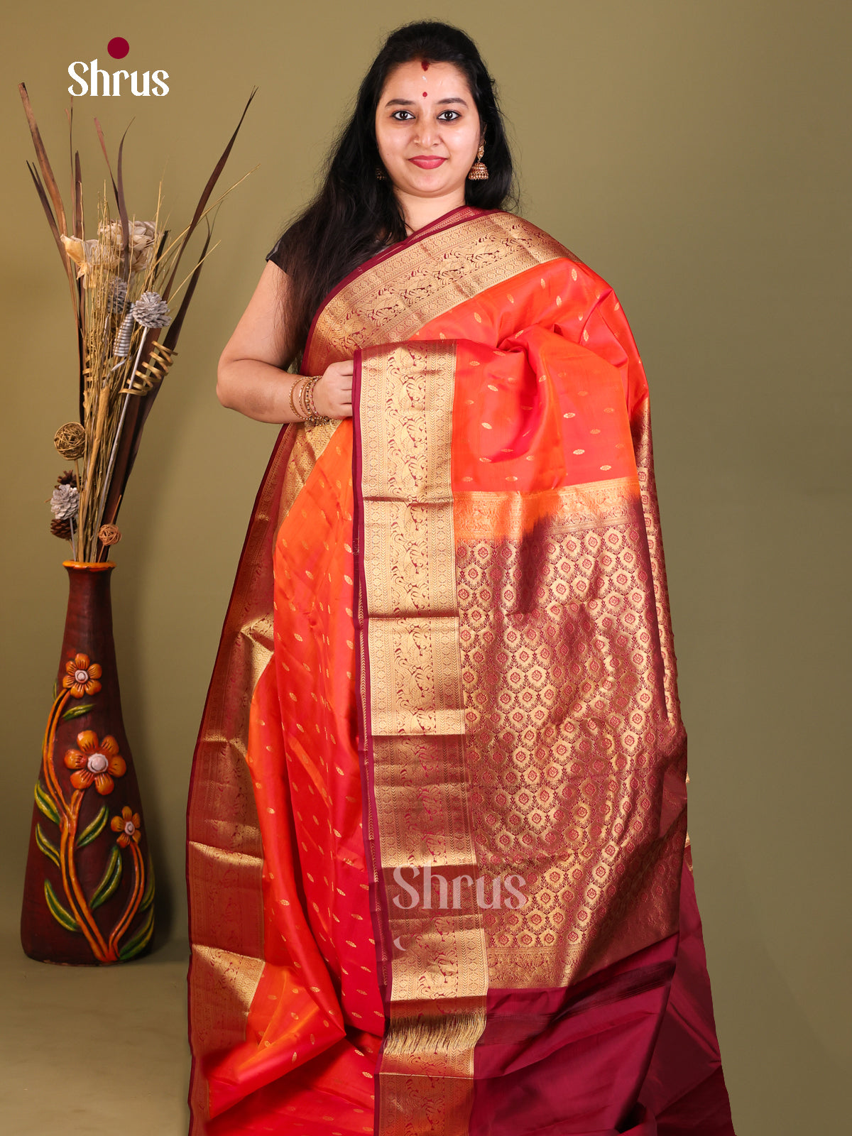 Orange & Maroon - Kanchipuram-halfpure Saree - Shop on Shrus.com