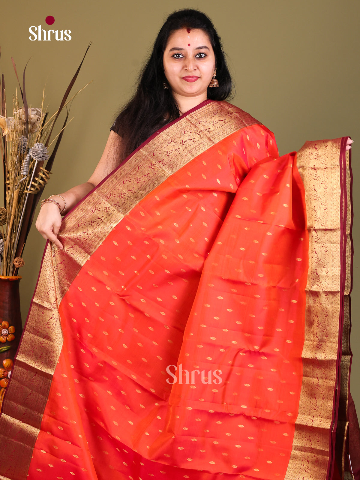 Orange & Maroon - Kanchipuram-halfpure Saree - Shop on Shrus.com