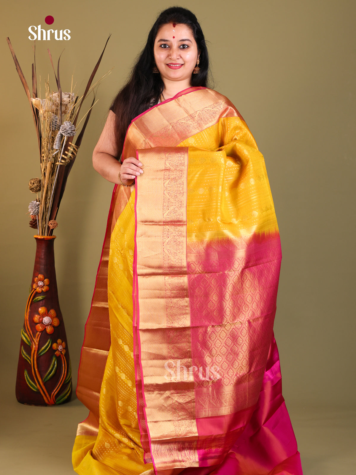 Mustard & Purple - Kanchipuram-halfpure Saree - Shop on Shrus.com
