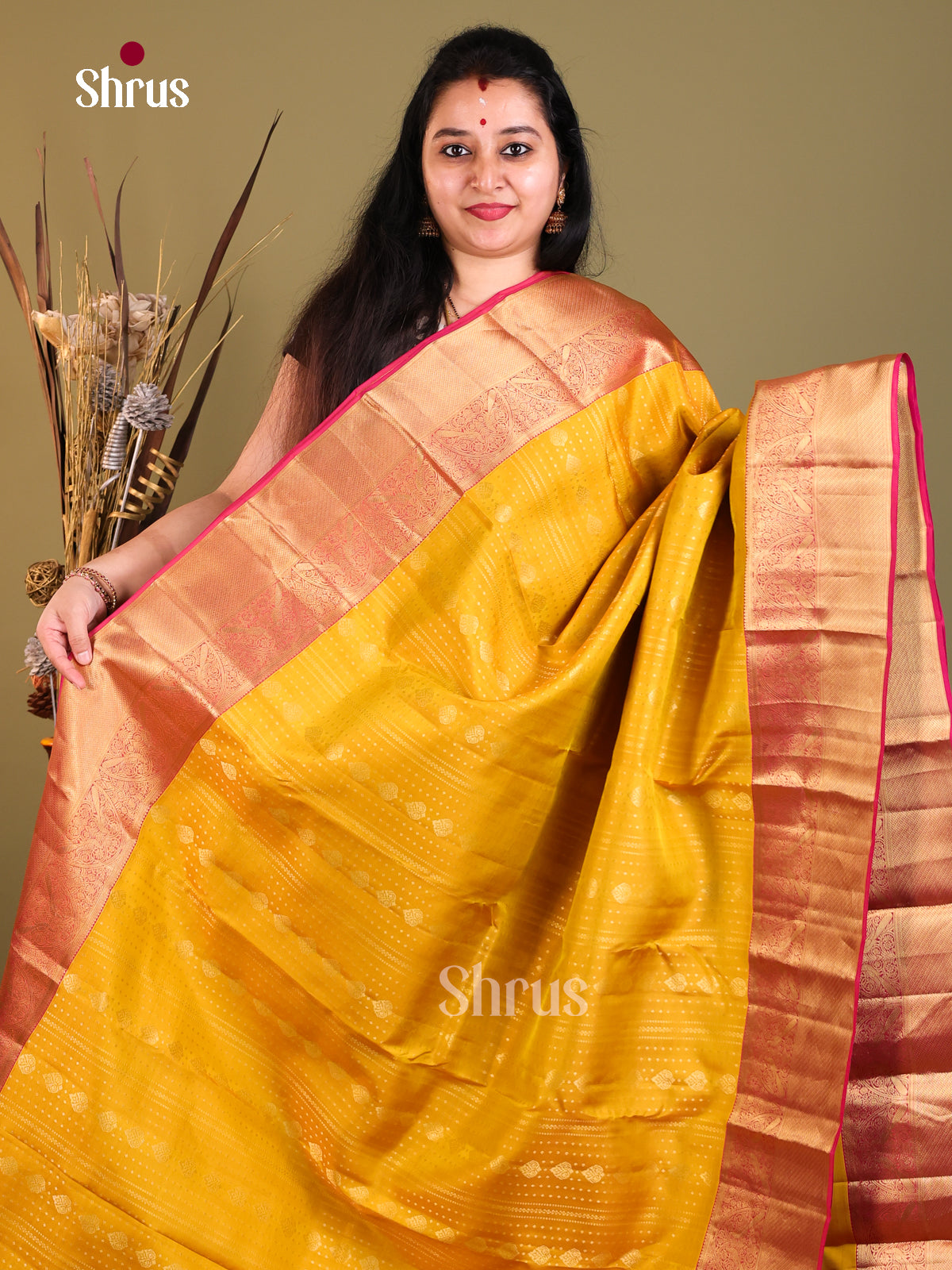 Mustard & Purple - Kanchipuram-halfpure Saree - Shop on Shrus.com