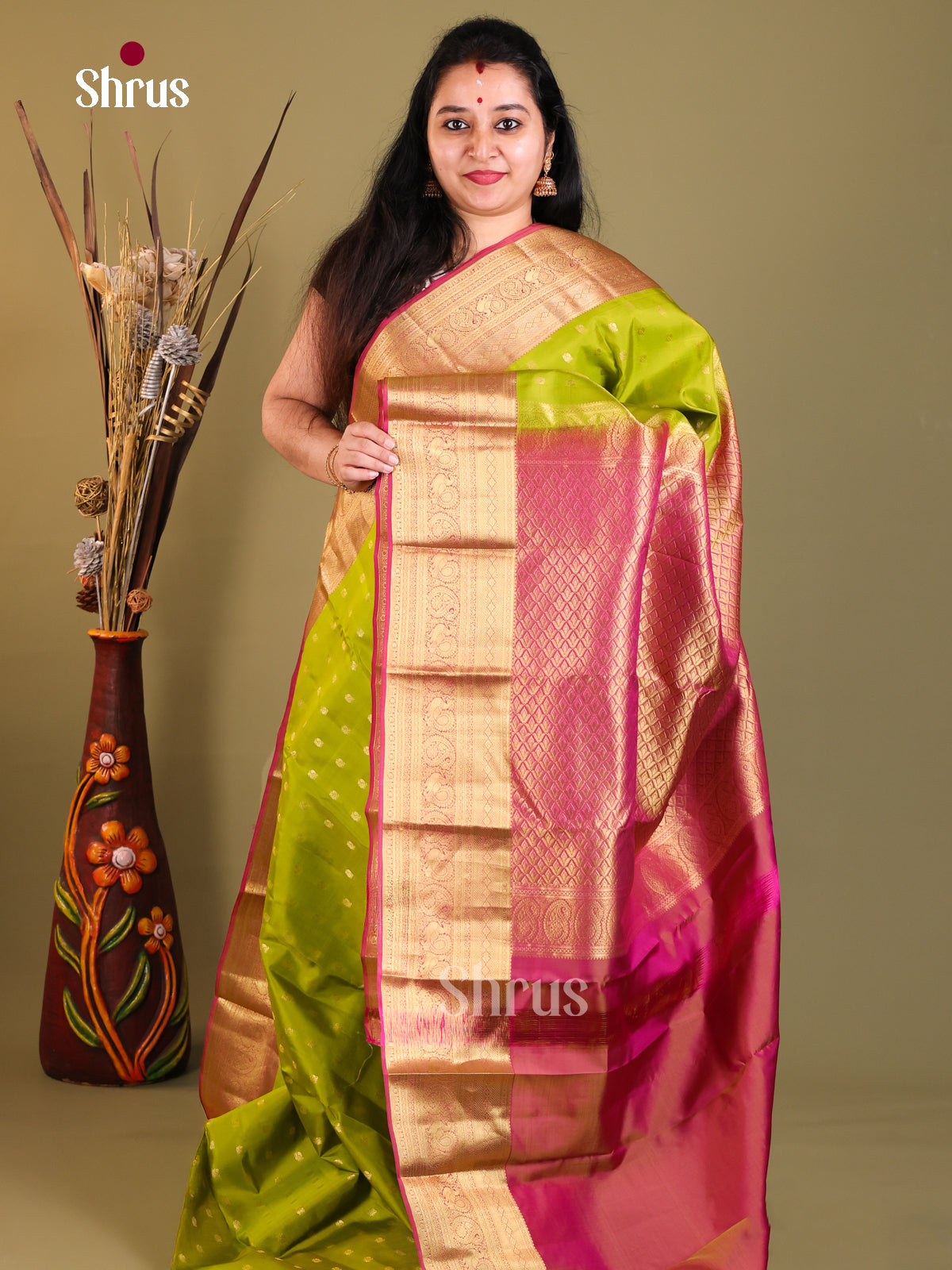 Parrot Green & Purple - Kanchipuram-halfpure Saree - Shop on Shrus.com
