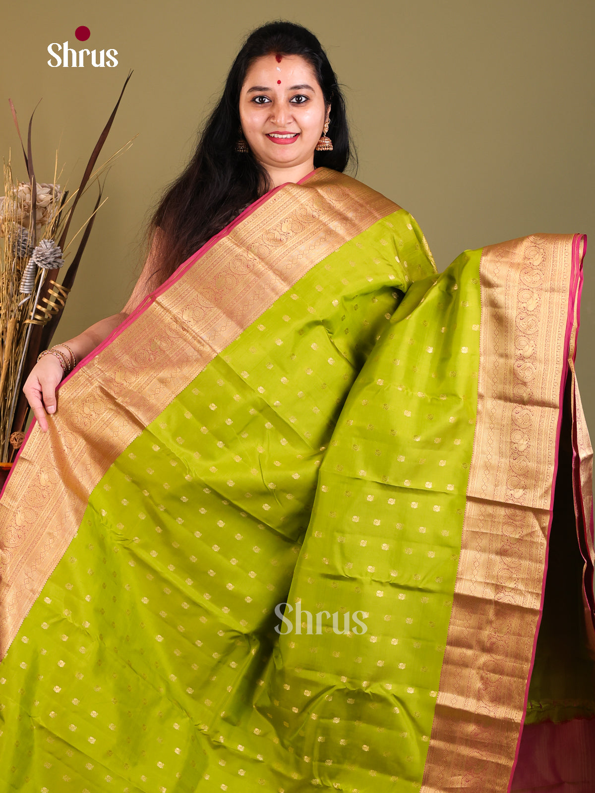 Parrot Green & Purple - Kanchipuram-halfpure Saree - Shop on Shrus.com