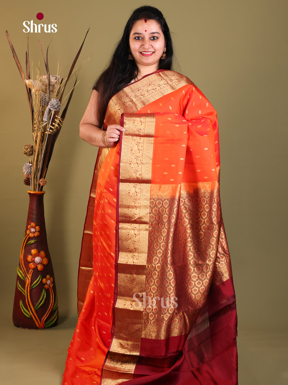 Orange & Maroon - Kanchipuram-halfpure Saree - Shop on Shrus.com