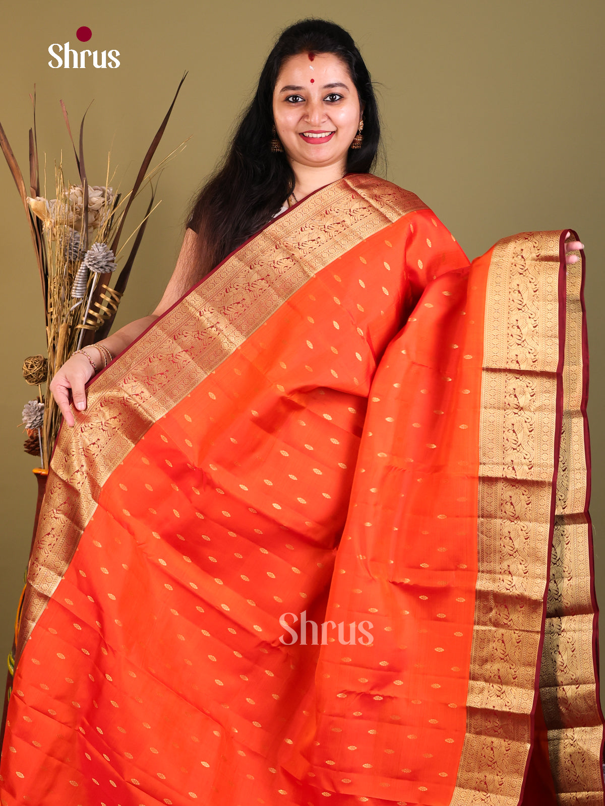 Orange & Maroon - Kanchipuram-halfpure Saree - Shop on Shrus.com