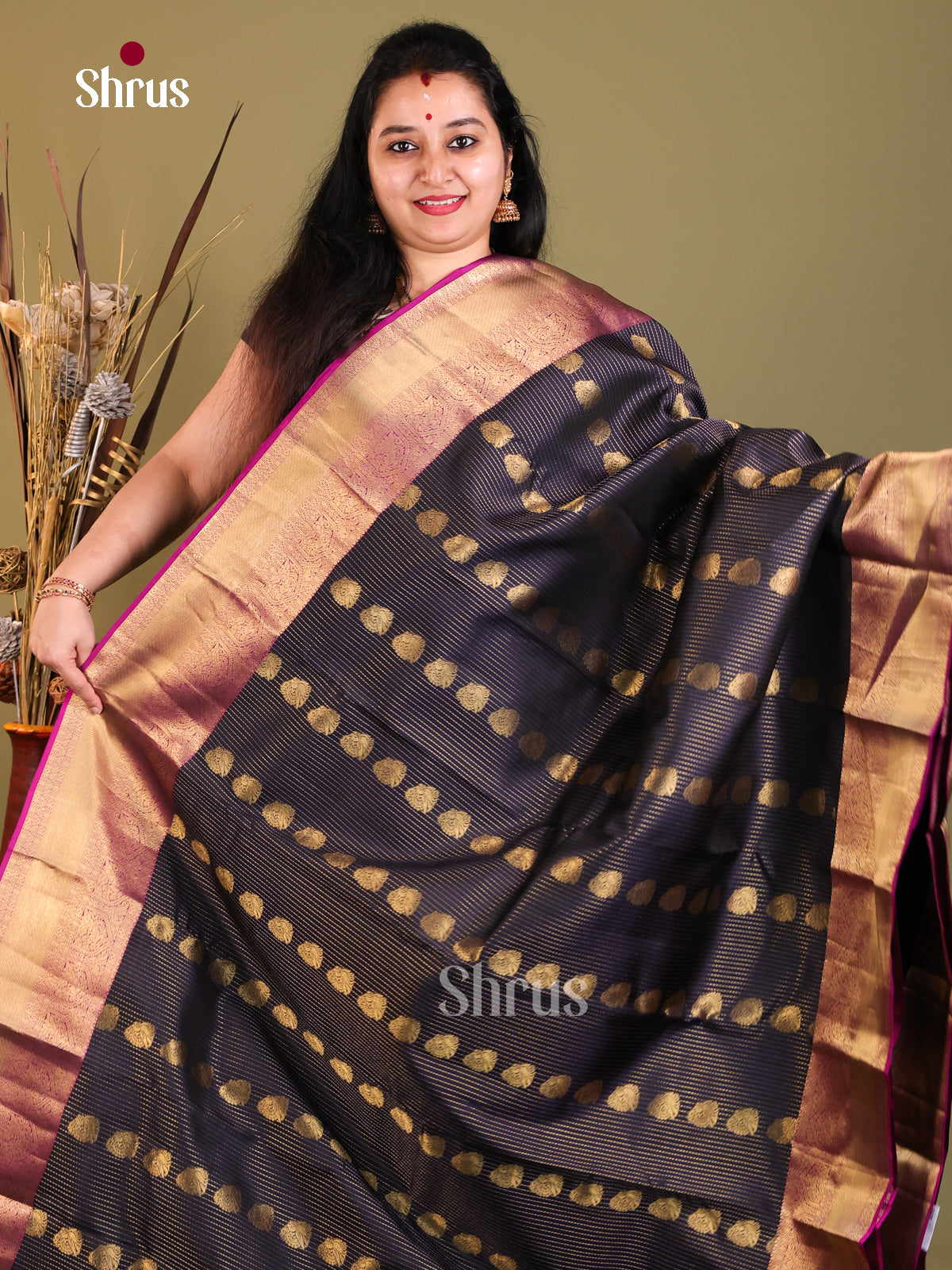 Navy Blue & Purple- Kanchipuram-halfpure Saree - Shop on Shrus.com