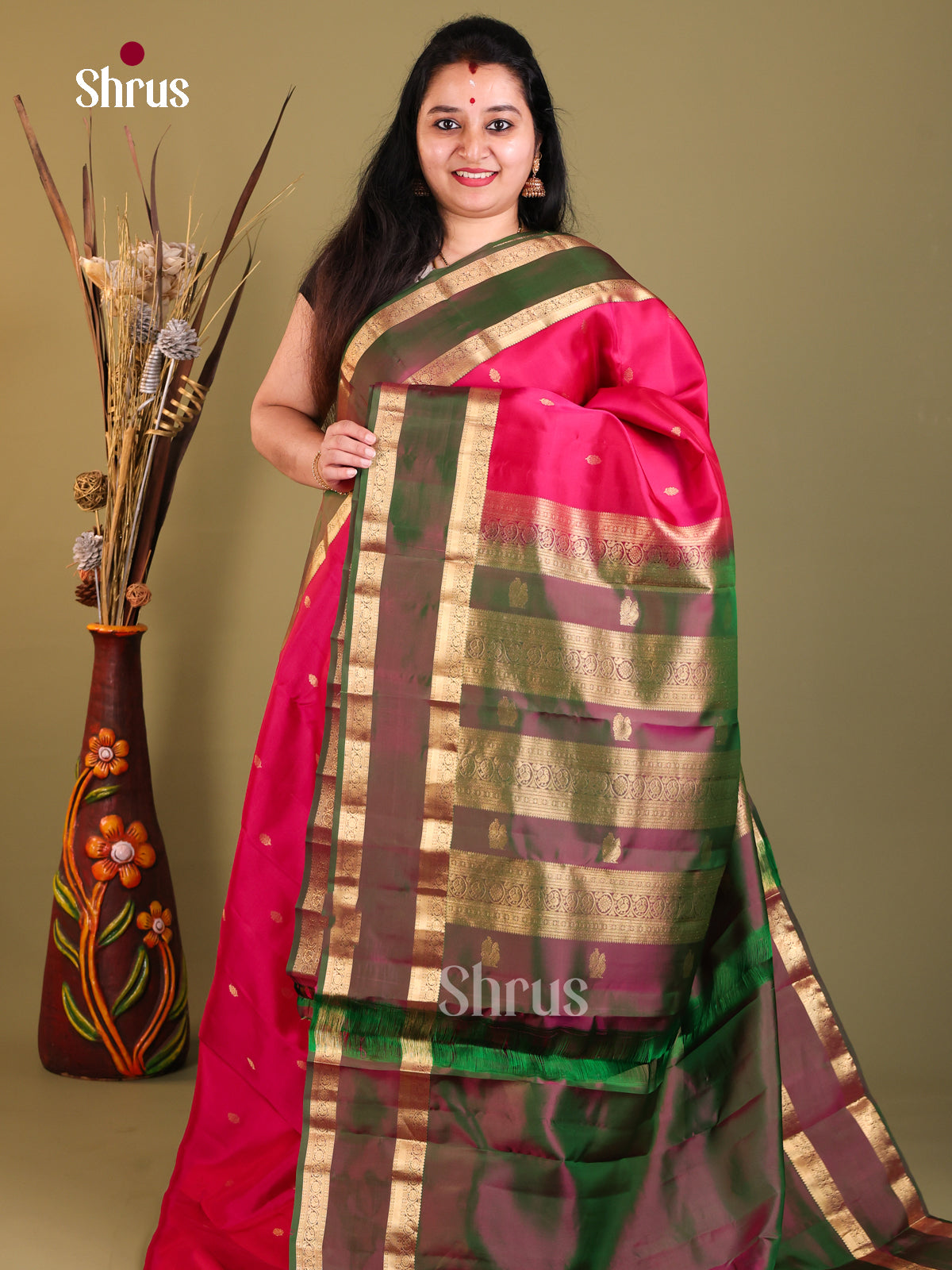 Pink & Green - Kanchipuram-halfpure Saree - Shop on Shrus.com