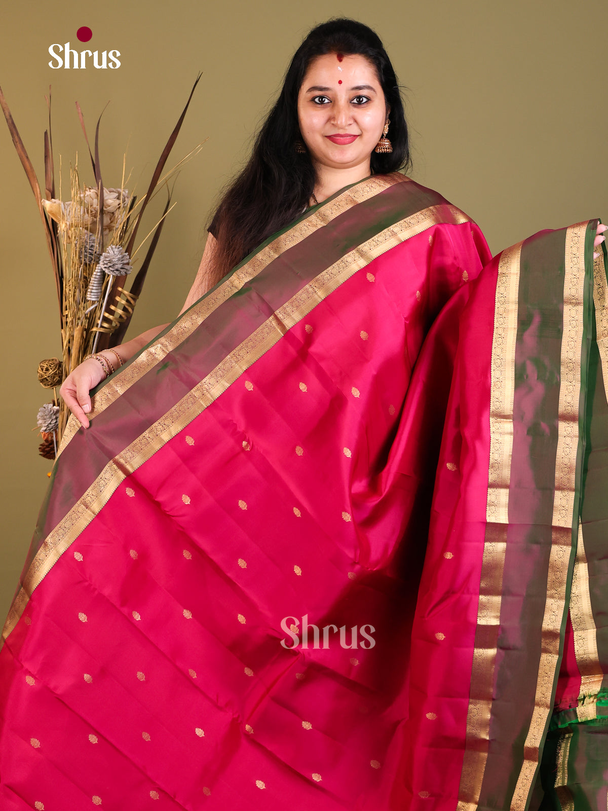 Pink & Green - Kanchipuram-halfpure Saree - Shop on Shrus.com