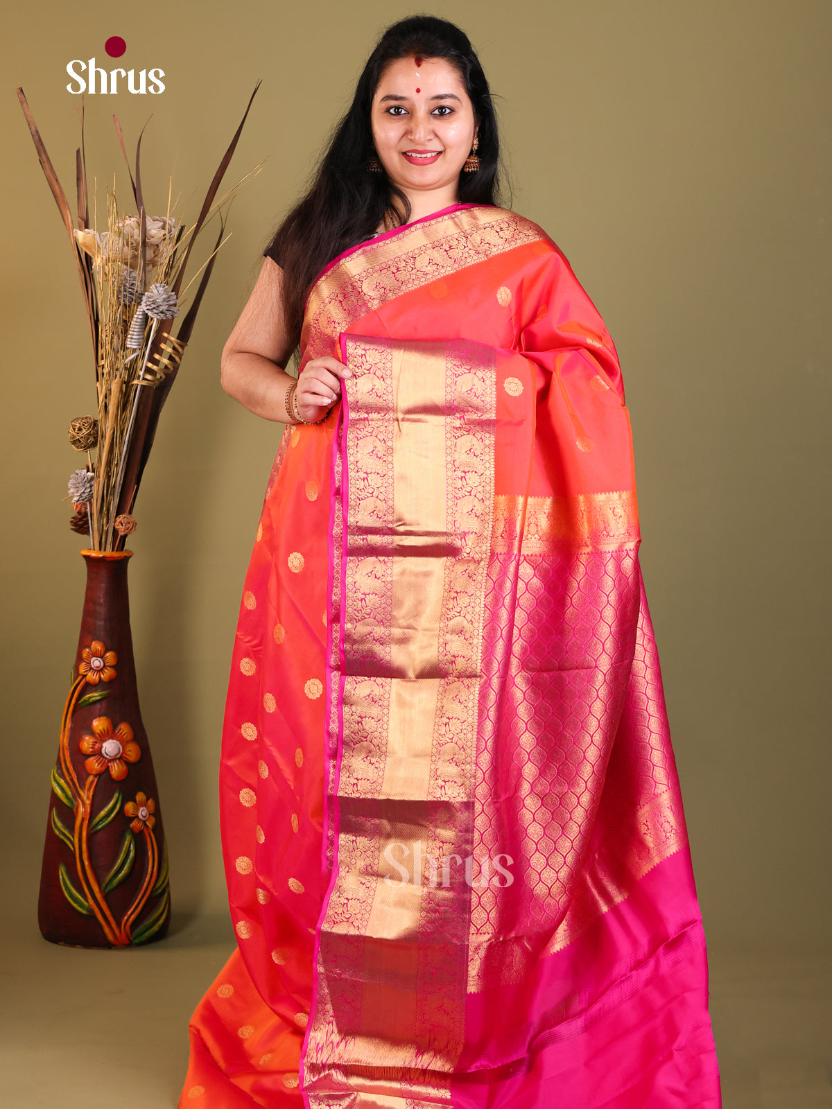 Orange & Pink- Kanchipuram-halfpure Saree - Shop on Shrus.com