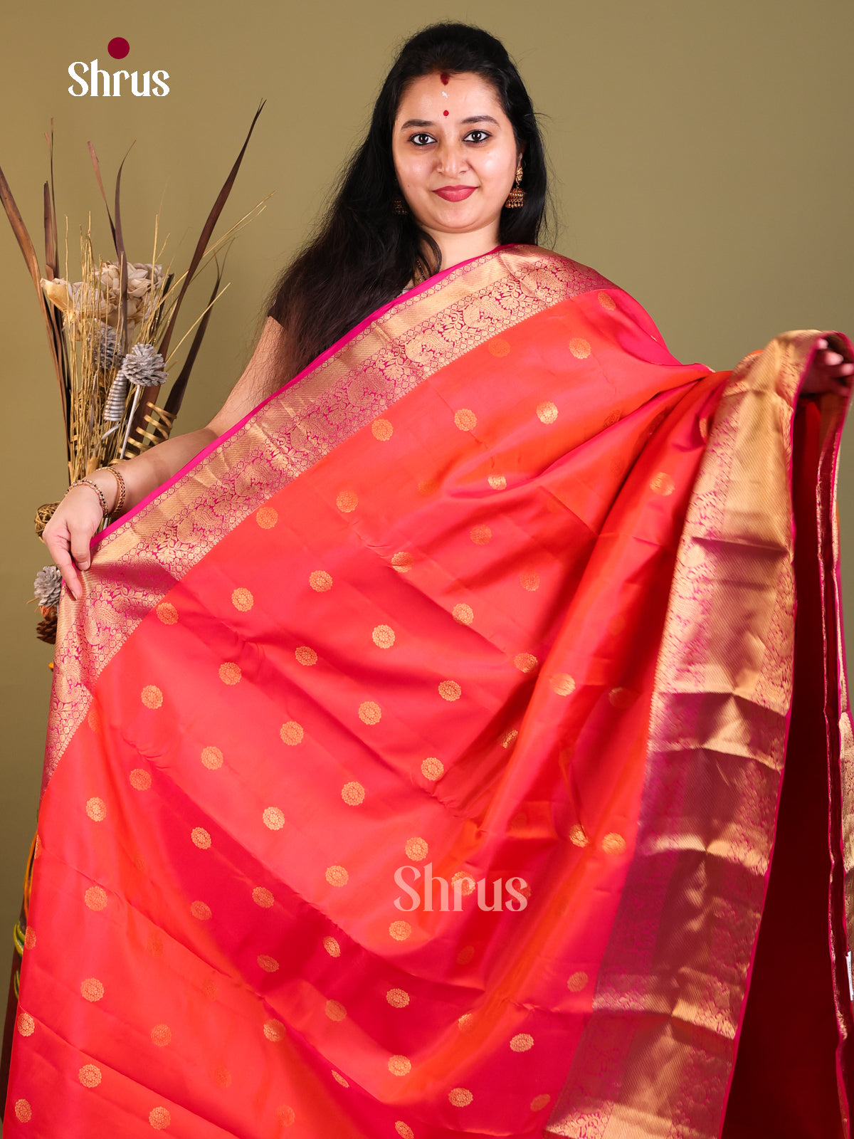 Orange & Pink- Kanchipuram-halfpure Saree - Shop on Shrus.com