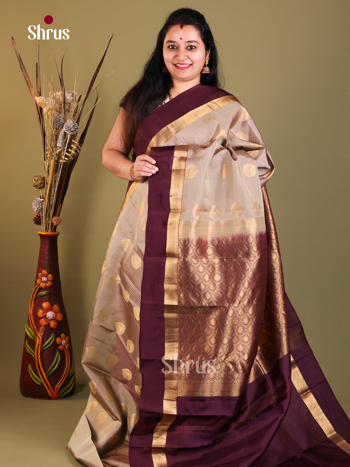 Grey & Purple - Kanchipuram-halfpure Saree - Shop on Shrus.com