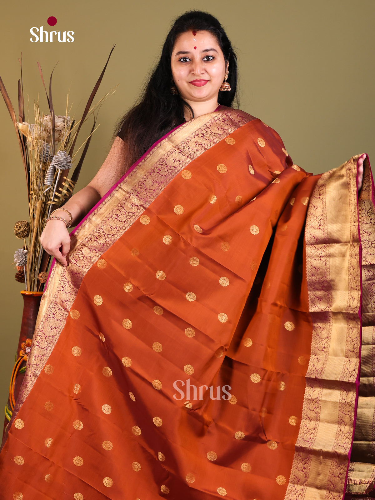 Rust & Purple- Kanchipuram-halfpure Saree - Shop on Shrus.com