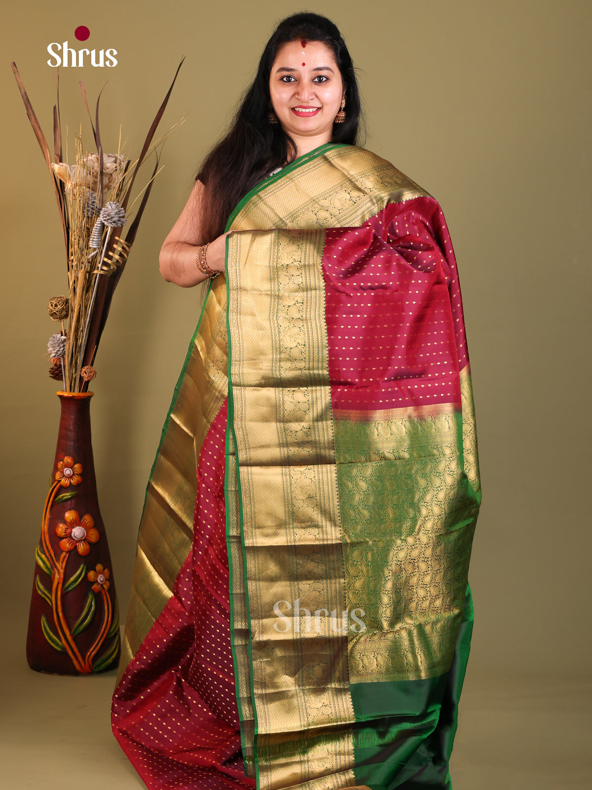 maroon & Green - Kanchipuram-halfpure Saree - Shop on Shrus.com