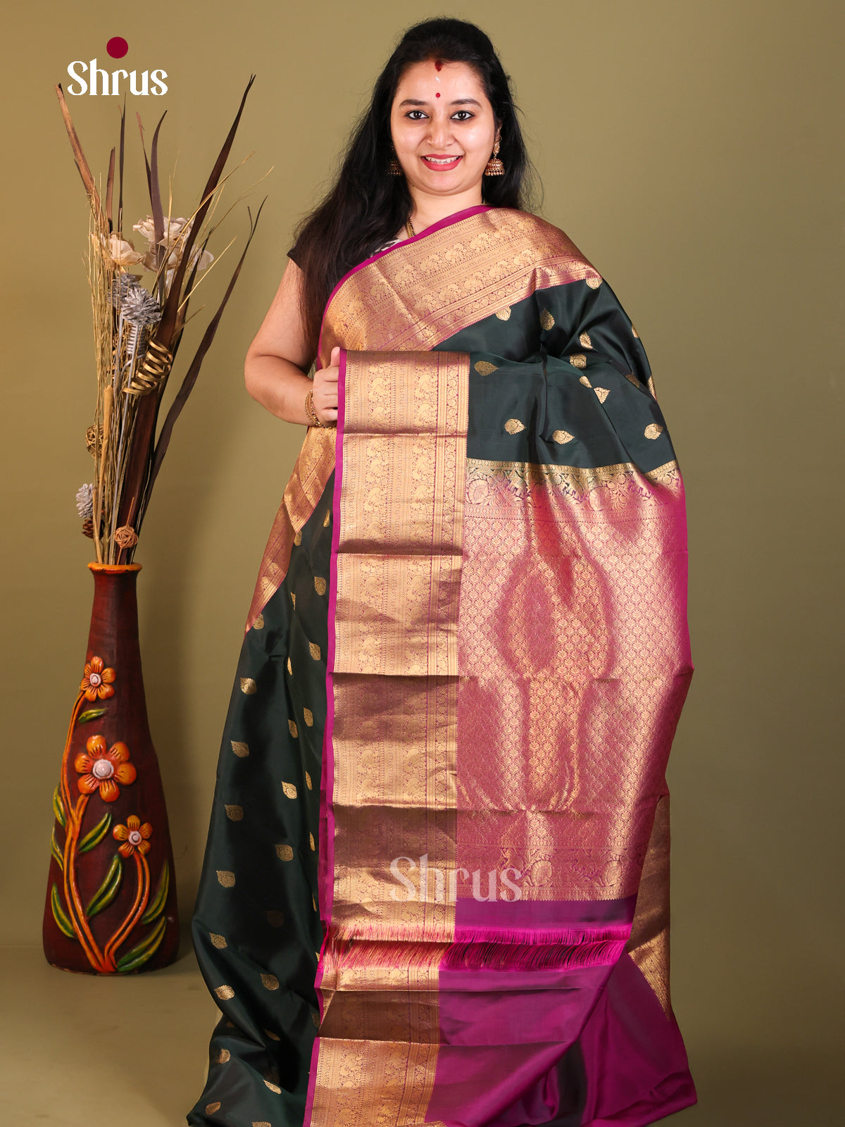 Dark Green & Purple - Kanchipuram-halfpure Saree