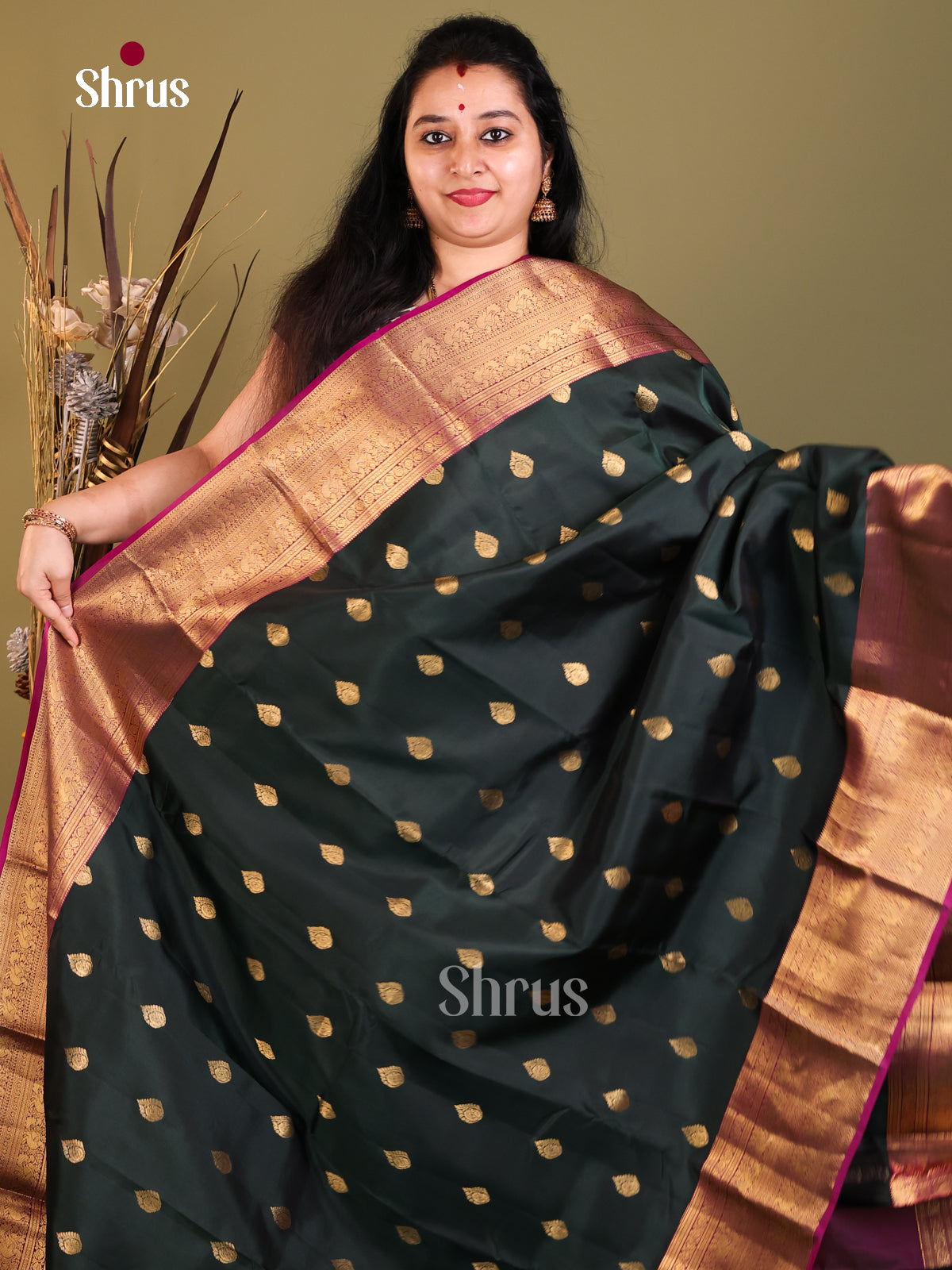 Dark Green & Purple - Kanchipuram-halfpure Saree