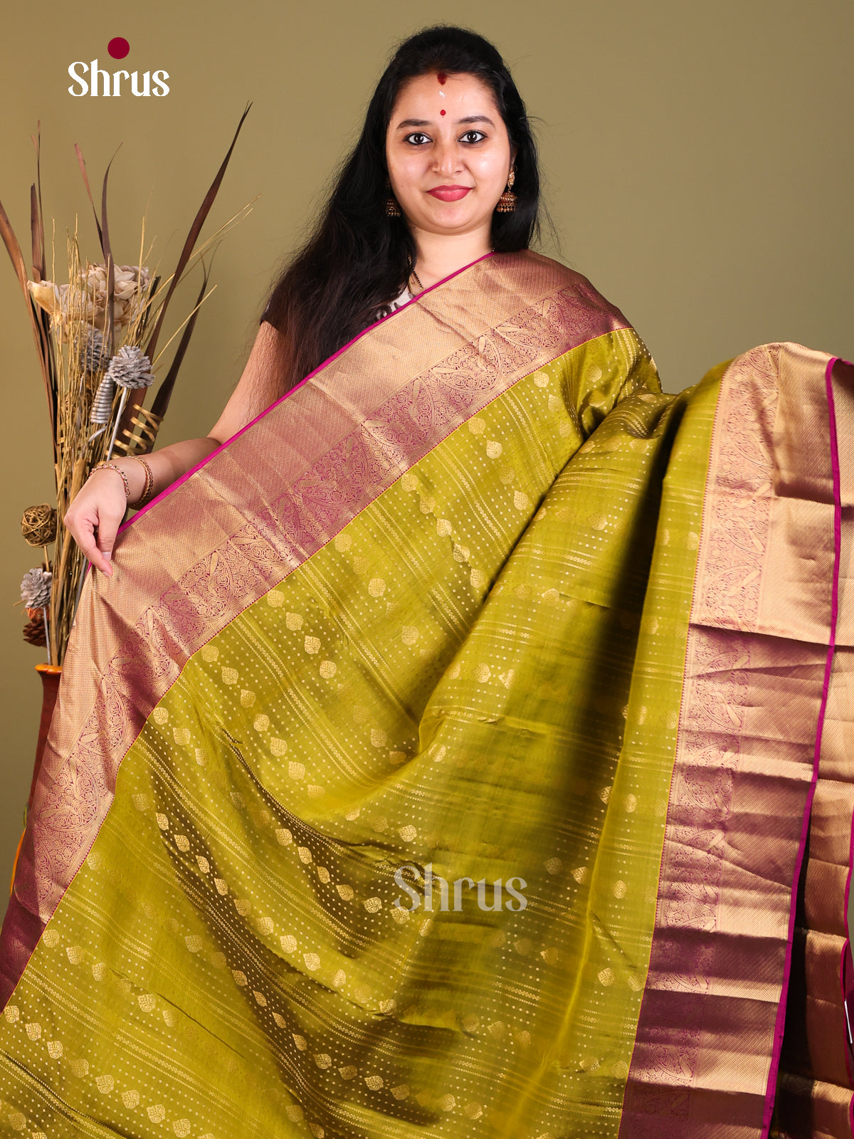 Mehandi Green & Purple - Kanchipuram-halfpure Saree - Shop on Shrus.com