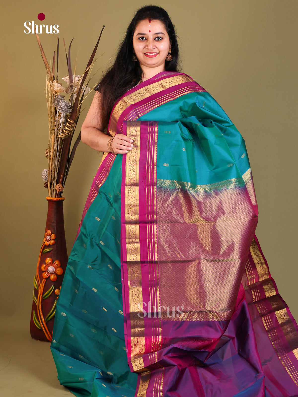 Peacock Blue & Purple - Kanchipuram-halfpure Saree - Shop on Shrus.com