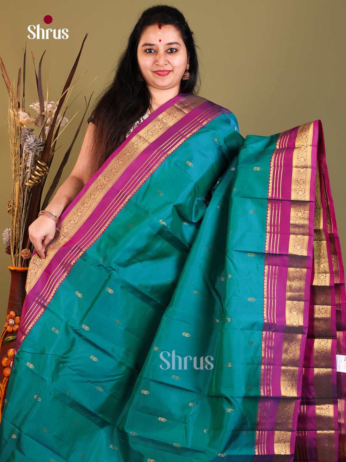Peacock Blue & Purple - Kanchipuram-halfpure Saree - Shop on Shrus.com