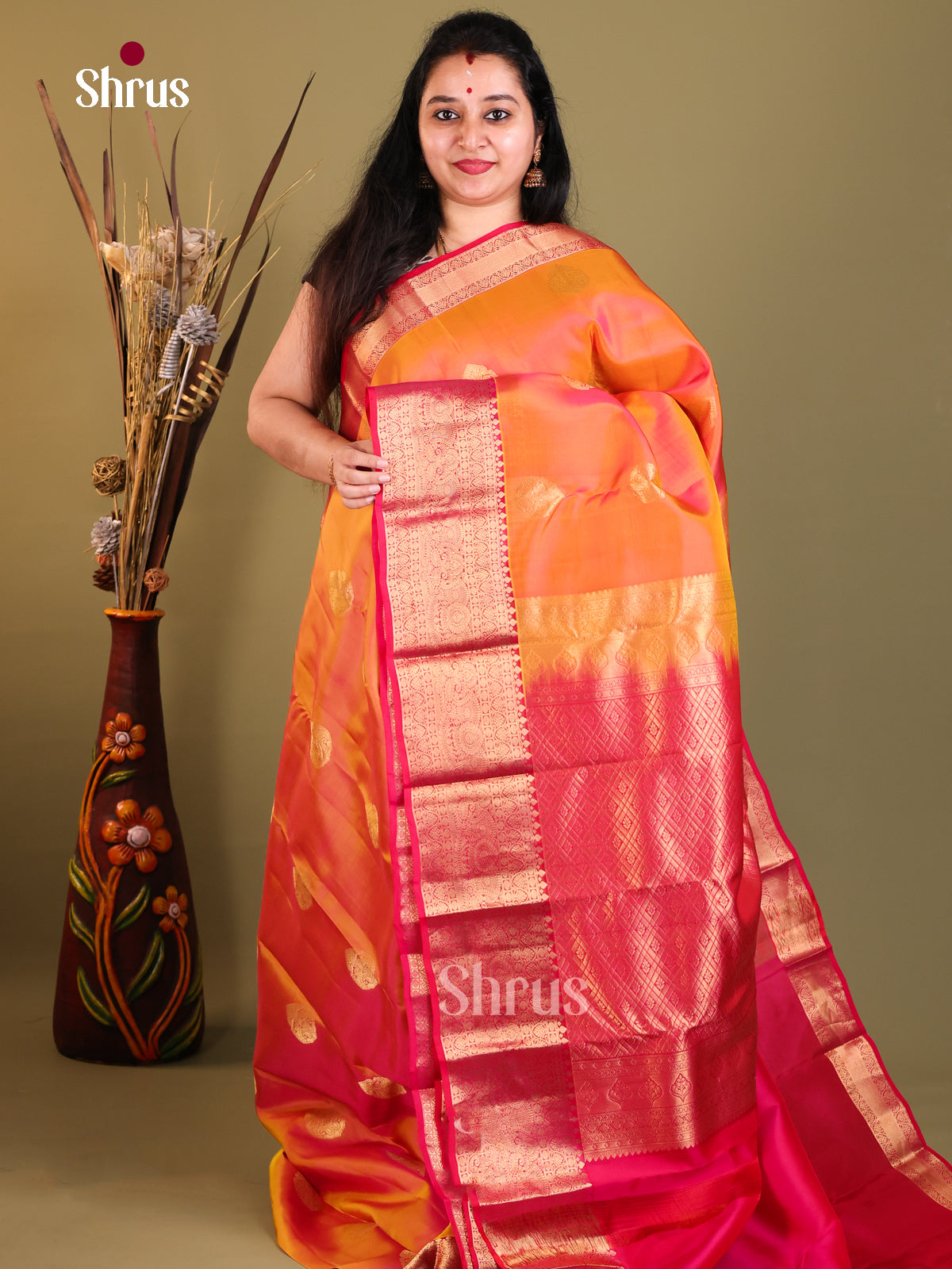 Orange & Red - Kanchipuram-halfpure Saree - Shop on Shrus.com