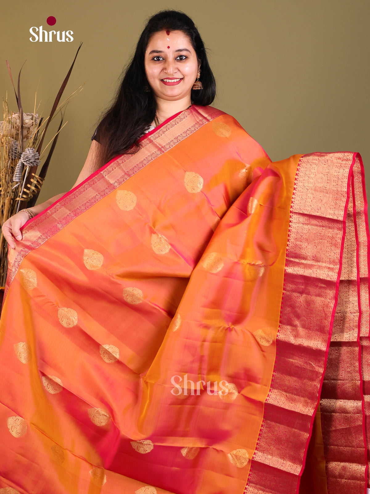 Orange & Red - Kanchipuram-halfpure Saree - Shop on Shrus.com