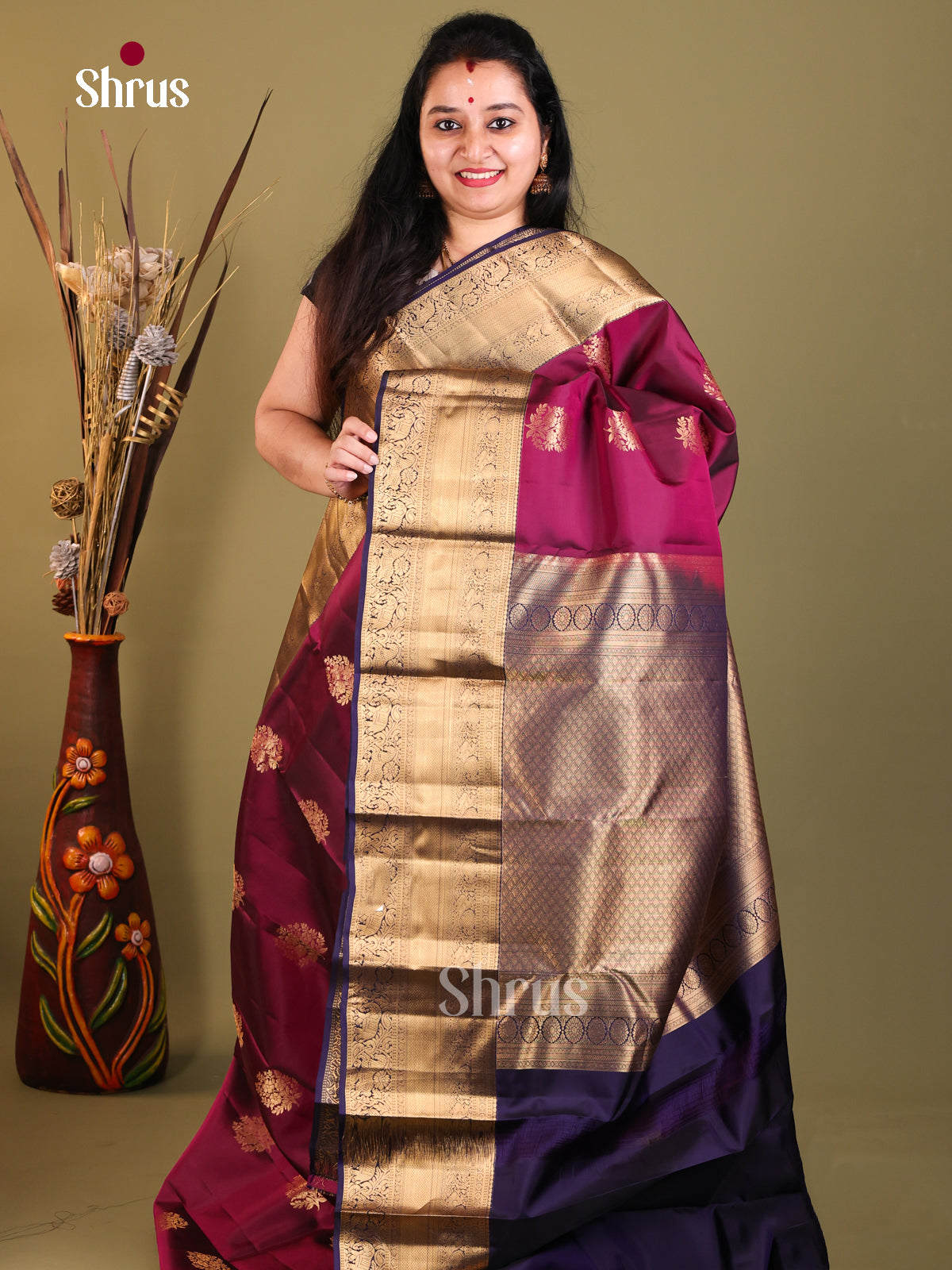 Wine & Blue - Kanchipuram-halfpure Saree - Shop on Shrus.com