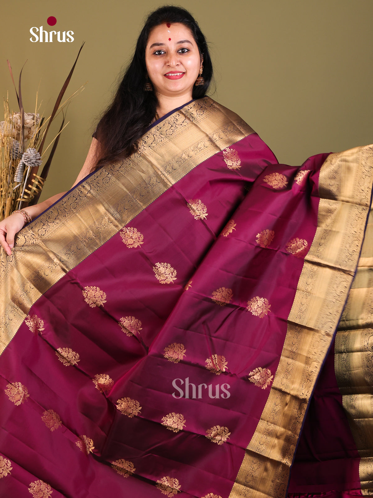 Wine & Blue - Kanchipuram-halfpure Saree - Shop on Shrus.com