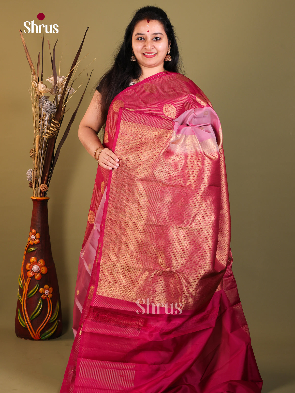 Onion Pink & Maroon - Kanchipuram-halfpure Saree - Shop on Shrus.com