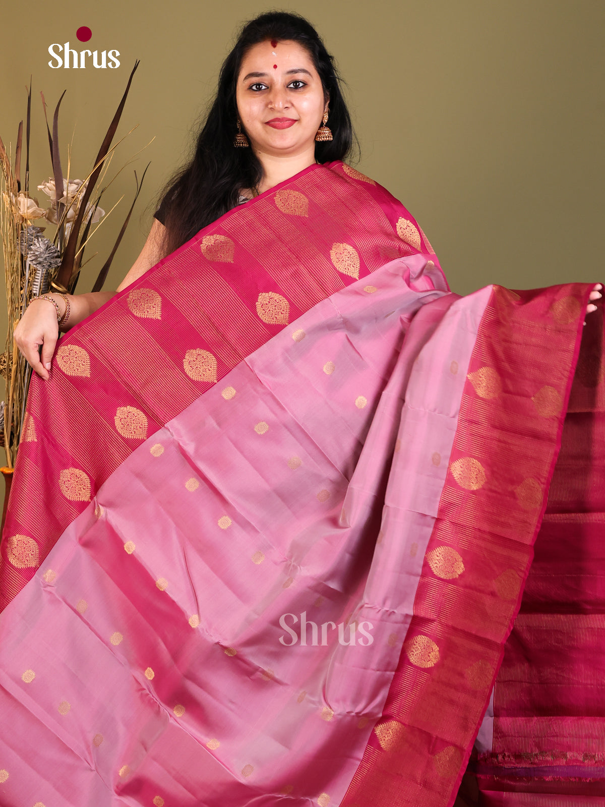 Onion Pink & Maroon - Kanchipuram-halfpure Saree - Shop on Shrus.com