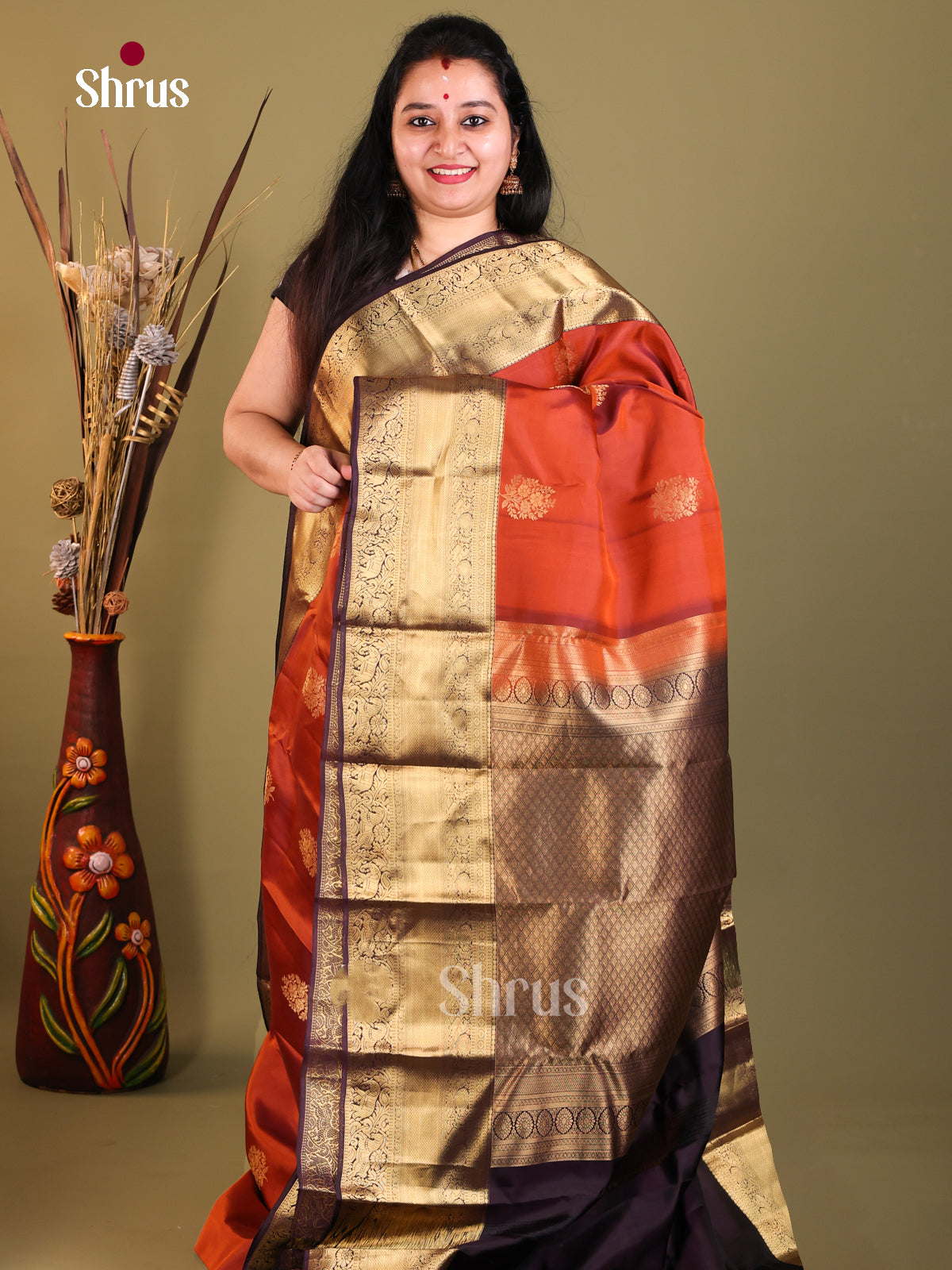 Rust & Jamun- Kanchipuram-halfpure Saree - Shop on Shrus.com