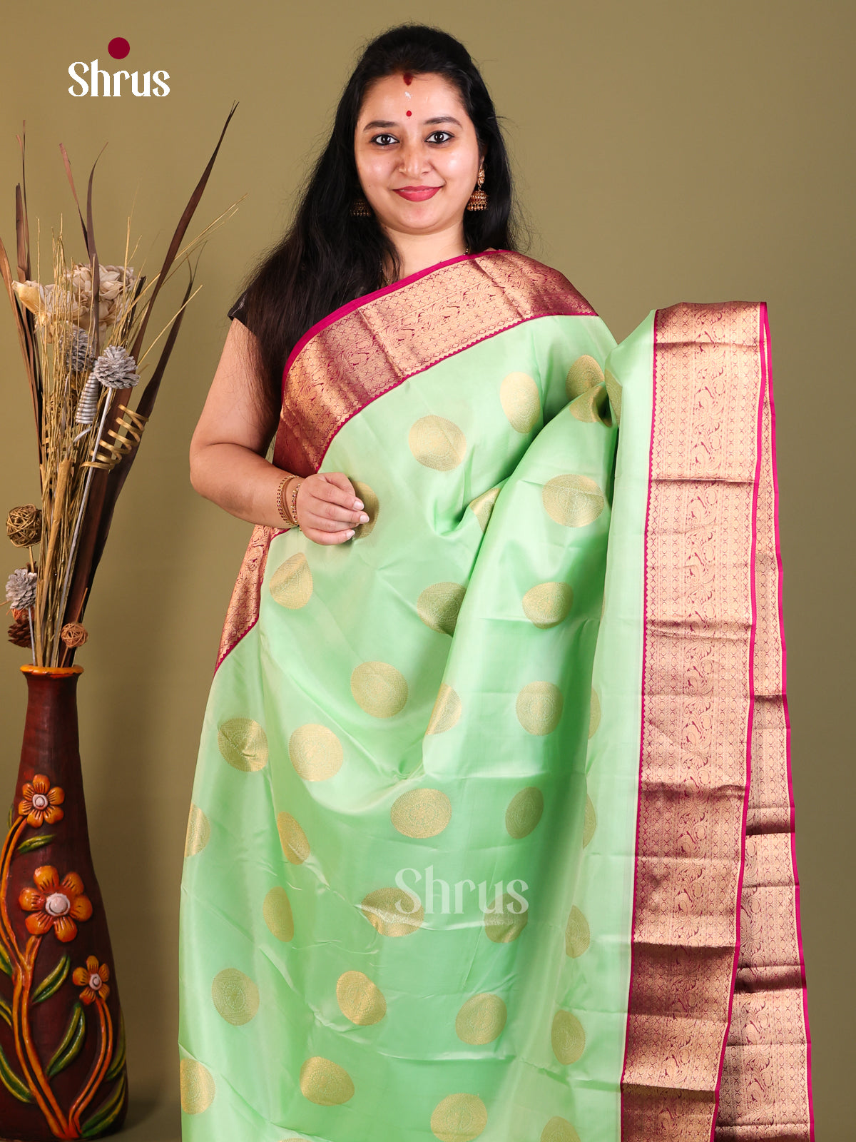 Pista Green & Purple - Kanchipuram-halfpure Saree - Shop on Shrus.com