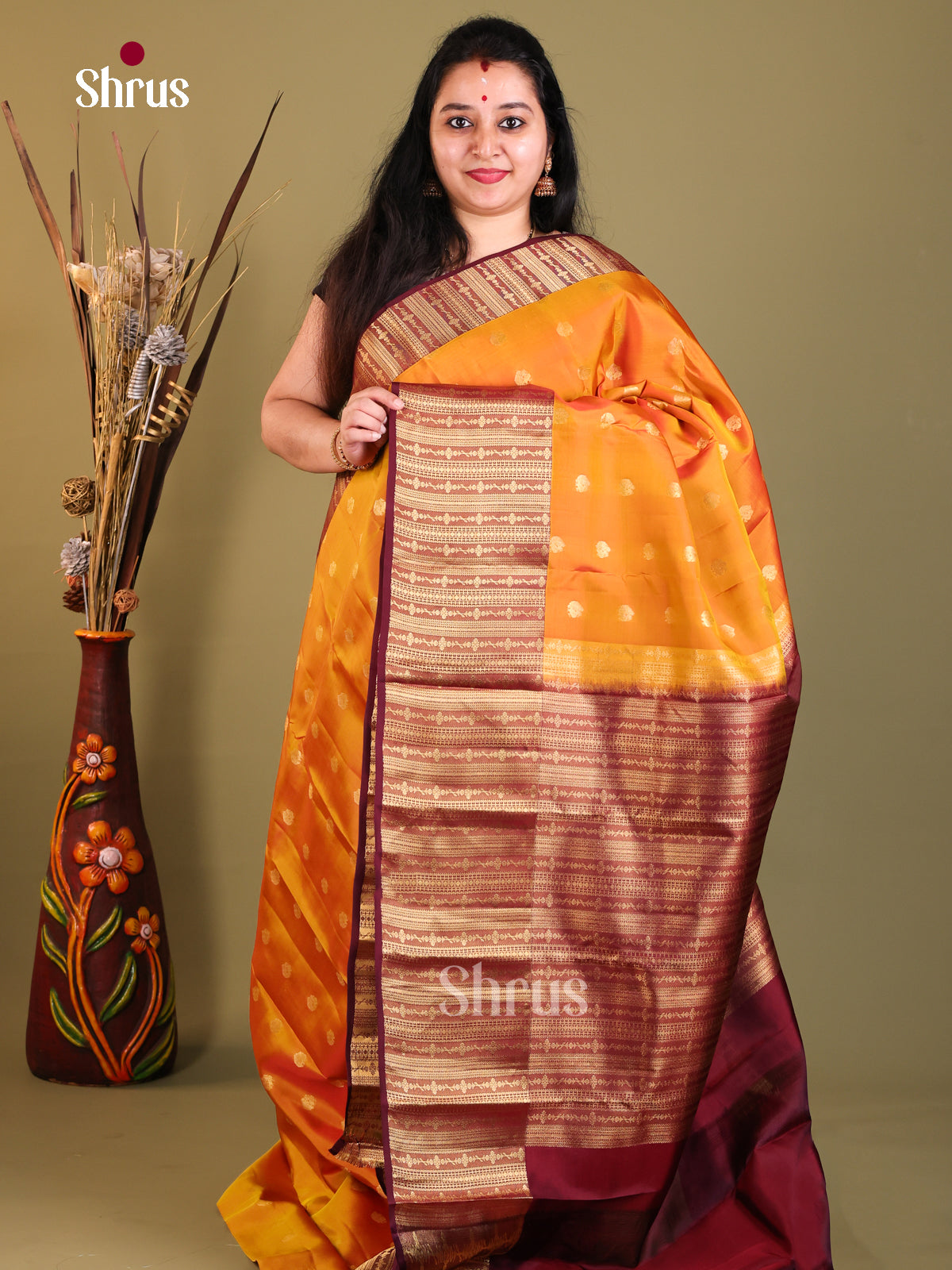 Orange & Maroon - Kanchipuram-halfpure Saree - Shop on Shrus.com