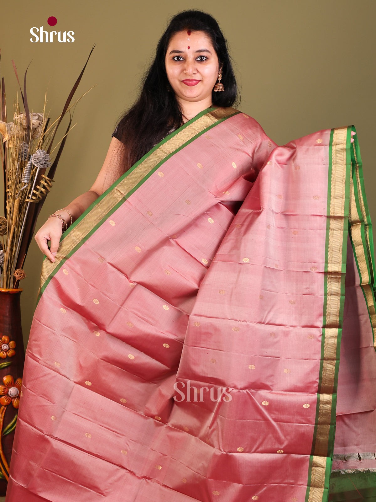 Baby pink and green Kanchipuram Butta design Saree -1