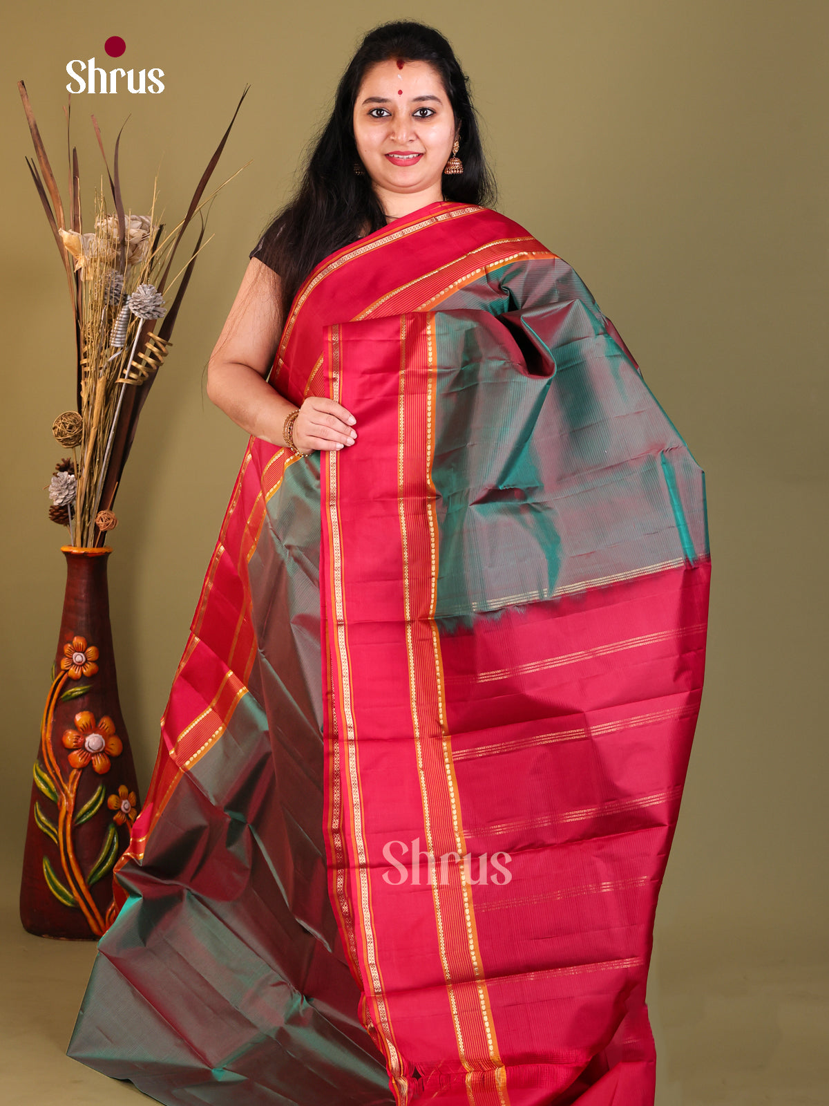 greyish blue and red Kanchipuram silk Saree