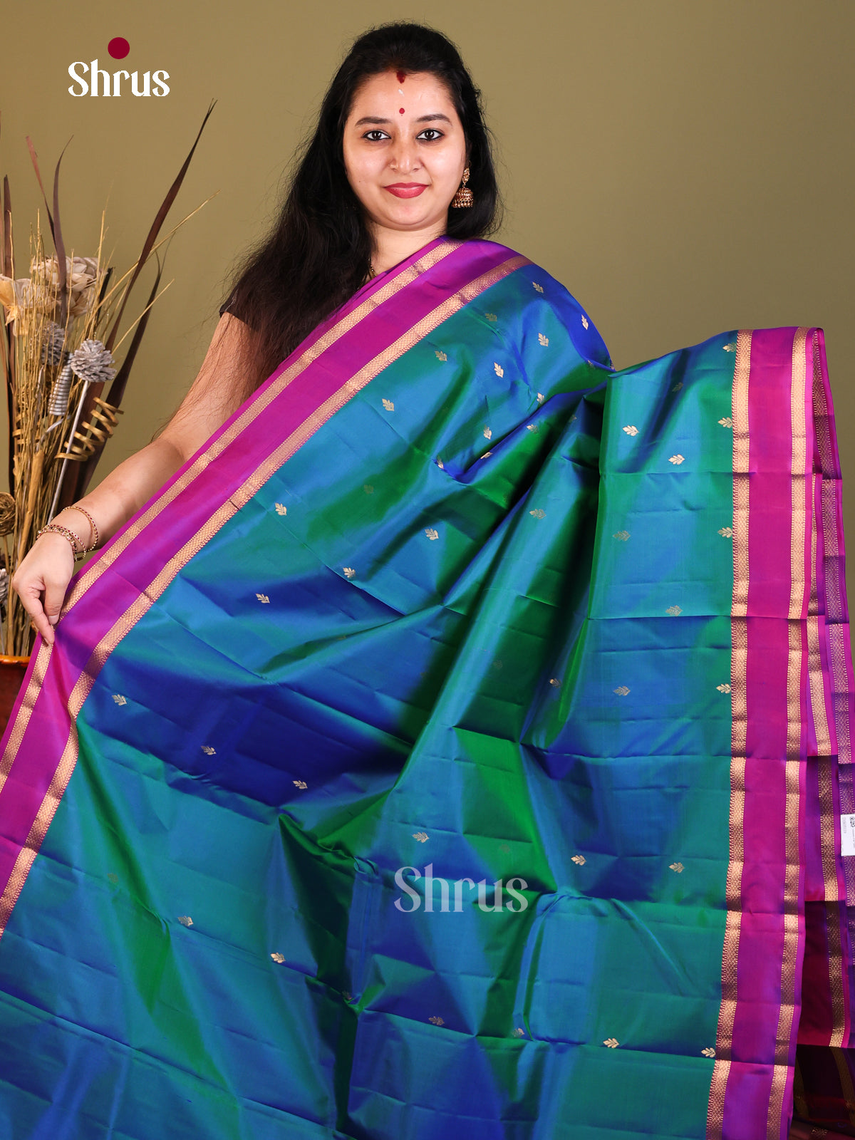 Peacoke blue and purple Kanchipuram Butta design Saree -1