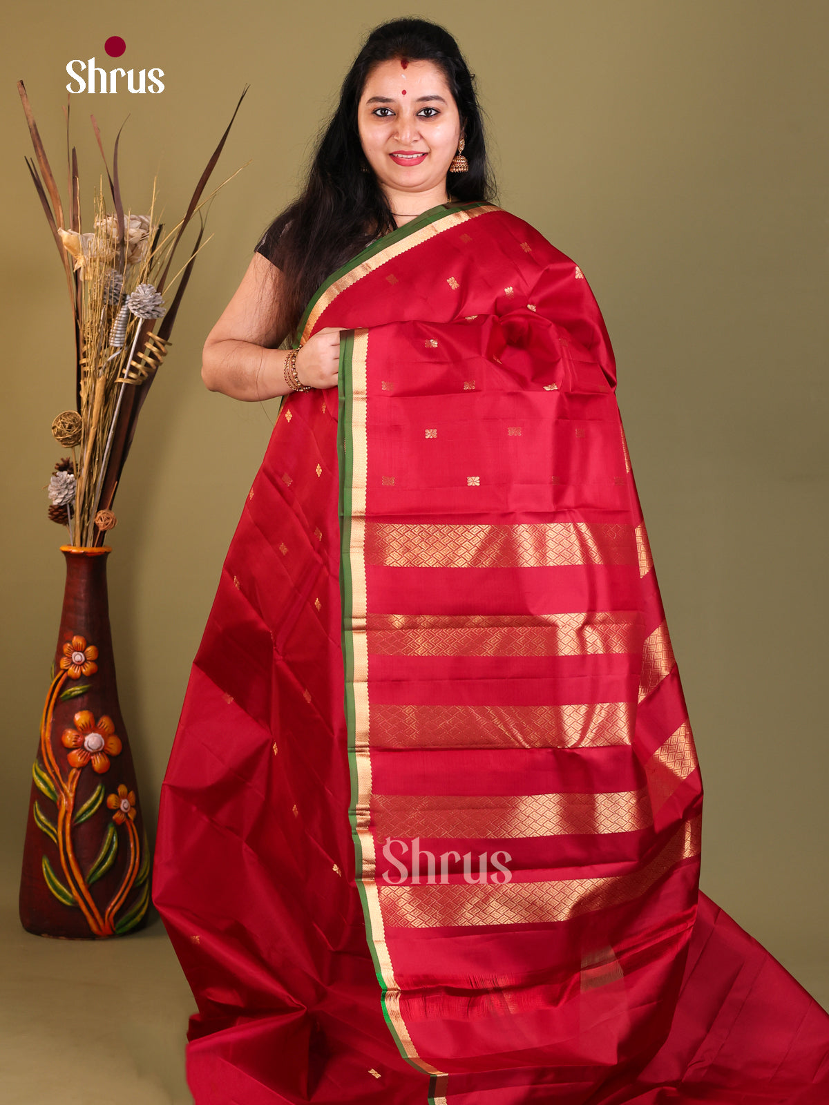 Red gold green Kanchipuram Butta design Saree
