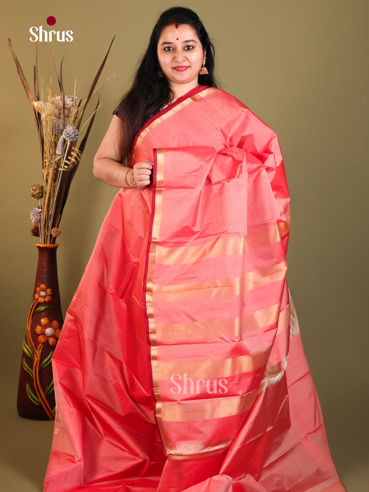 shiny baby pink Kanchipuram silk Saree