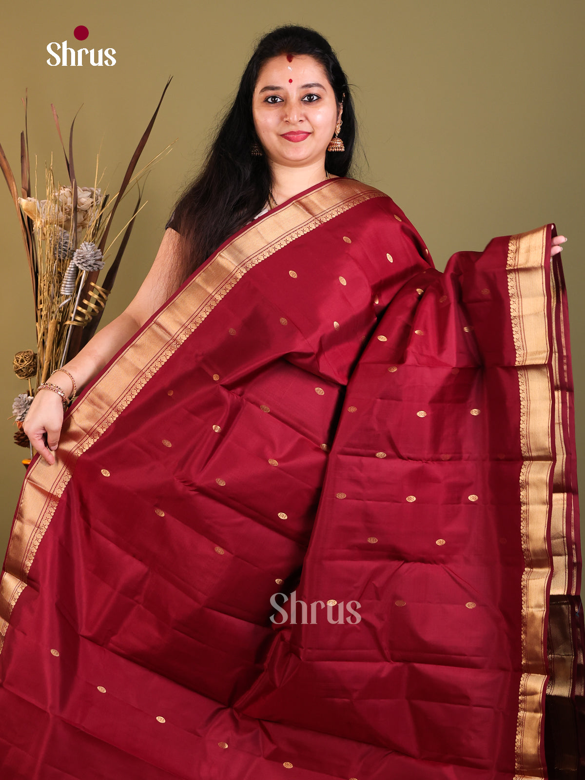 marron Kanchipuram Butta design Saree-1