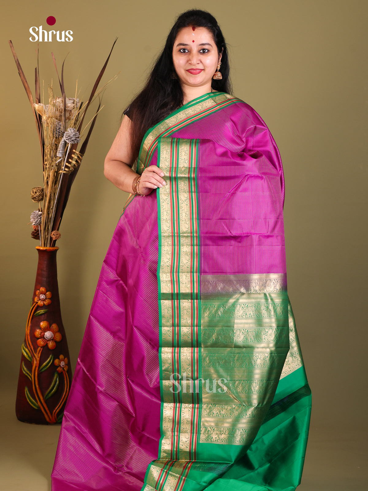 purple and green Kanchipuram Korvai Vairaoosi Saree
