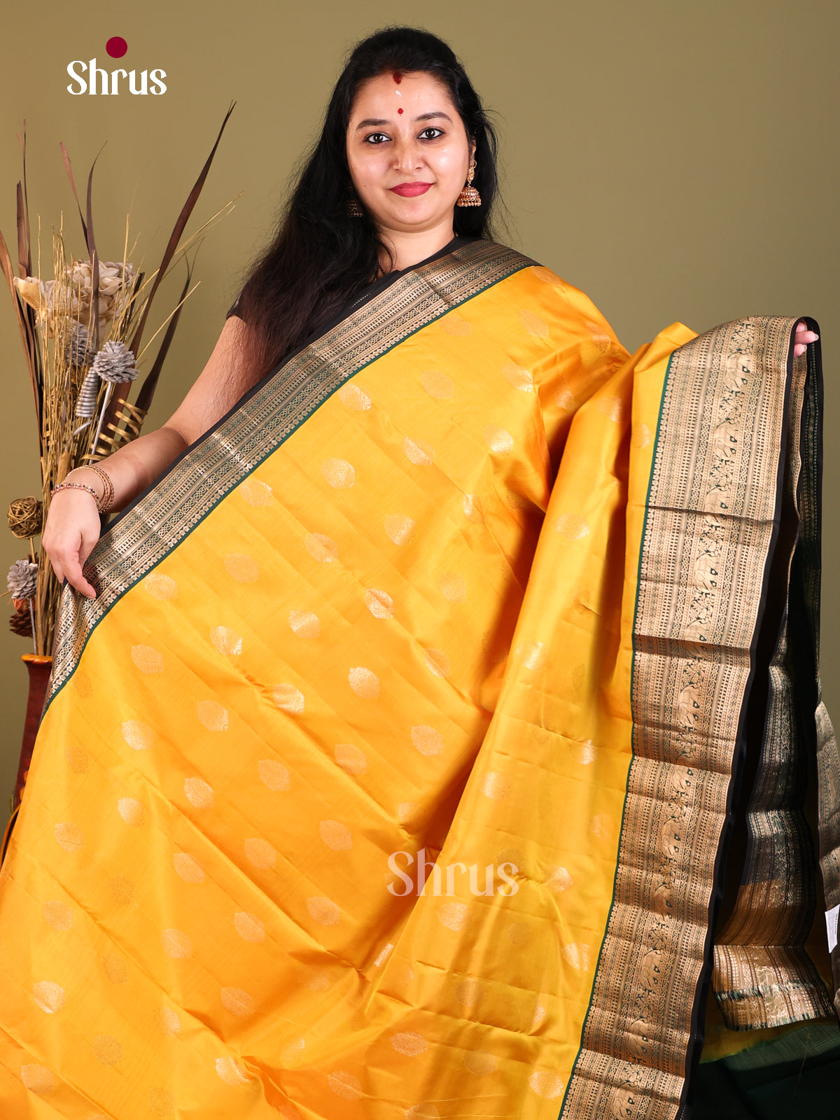 Yellow and green Kanchipuram Korvai Butta Saree -1