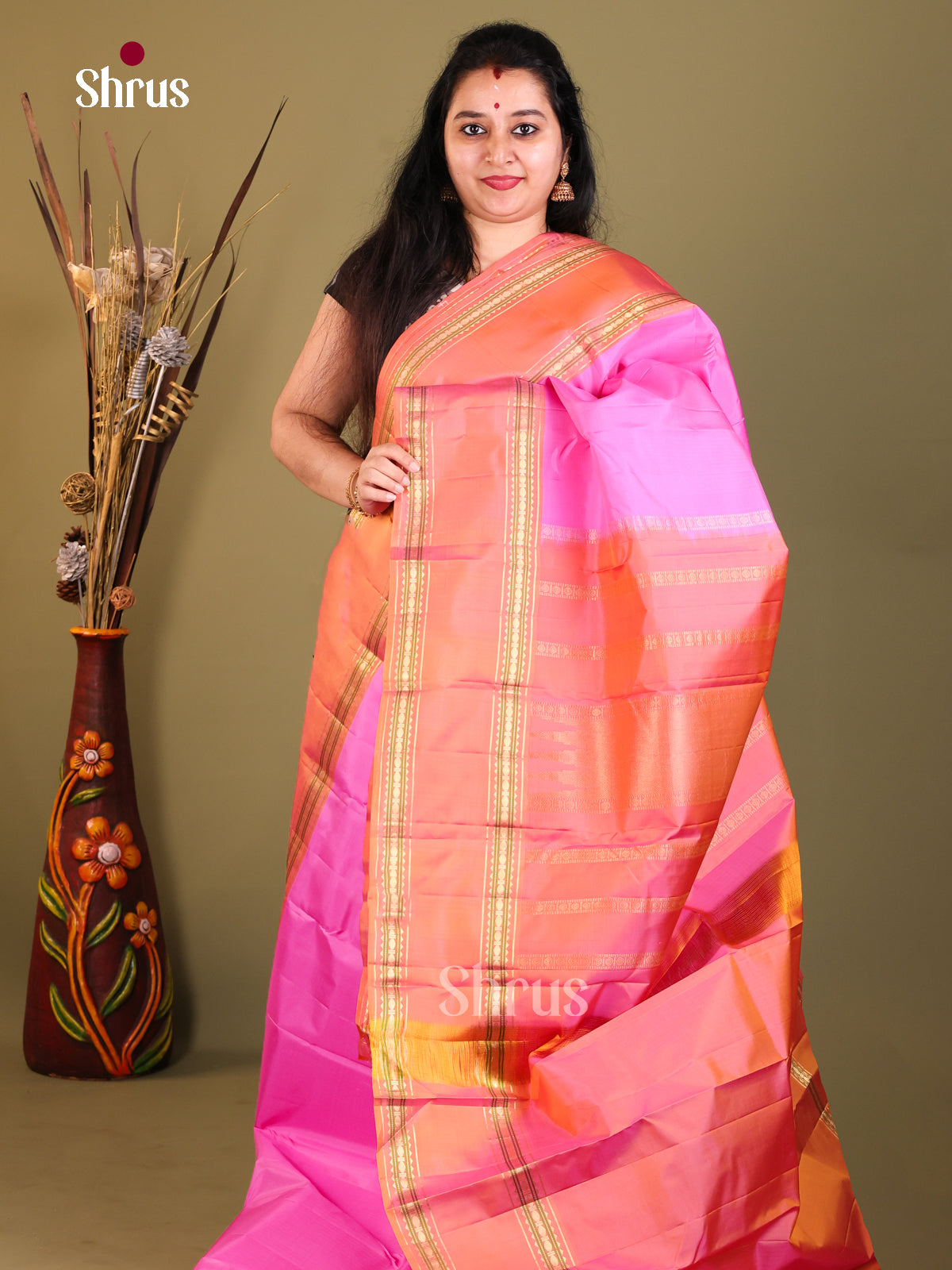 pink and orange Kanchipuram Butta design Saree