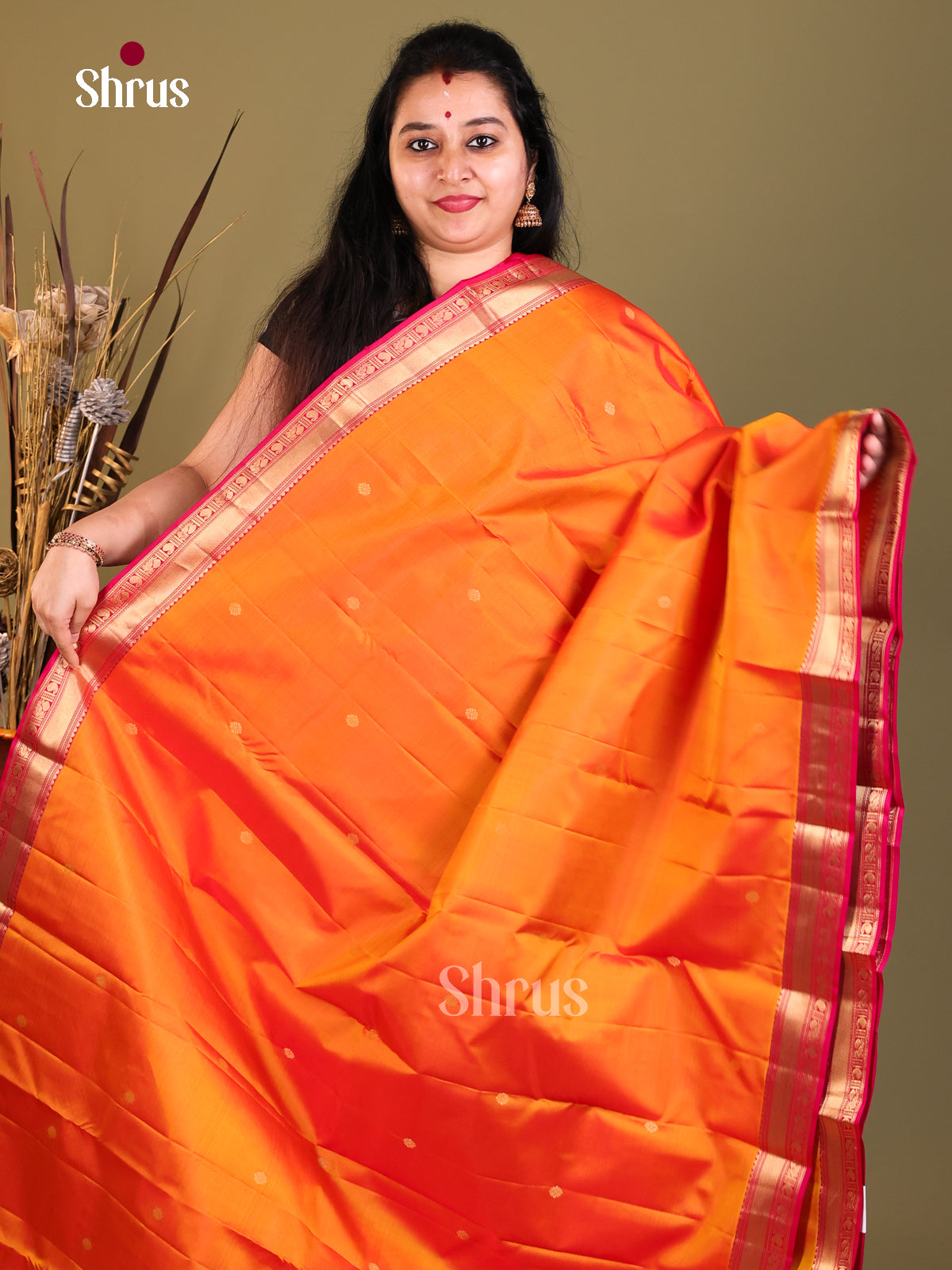 orange and pink Kanchipuram Butta design Saree -1