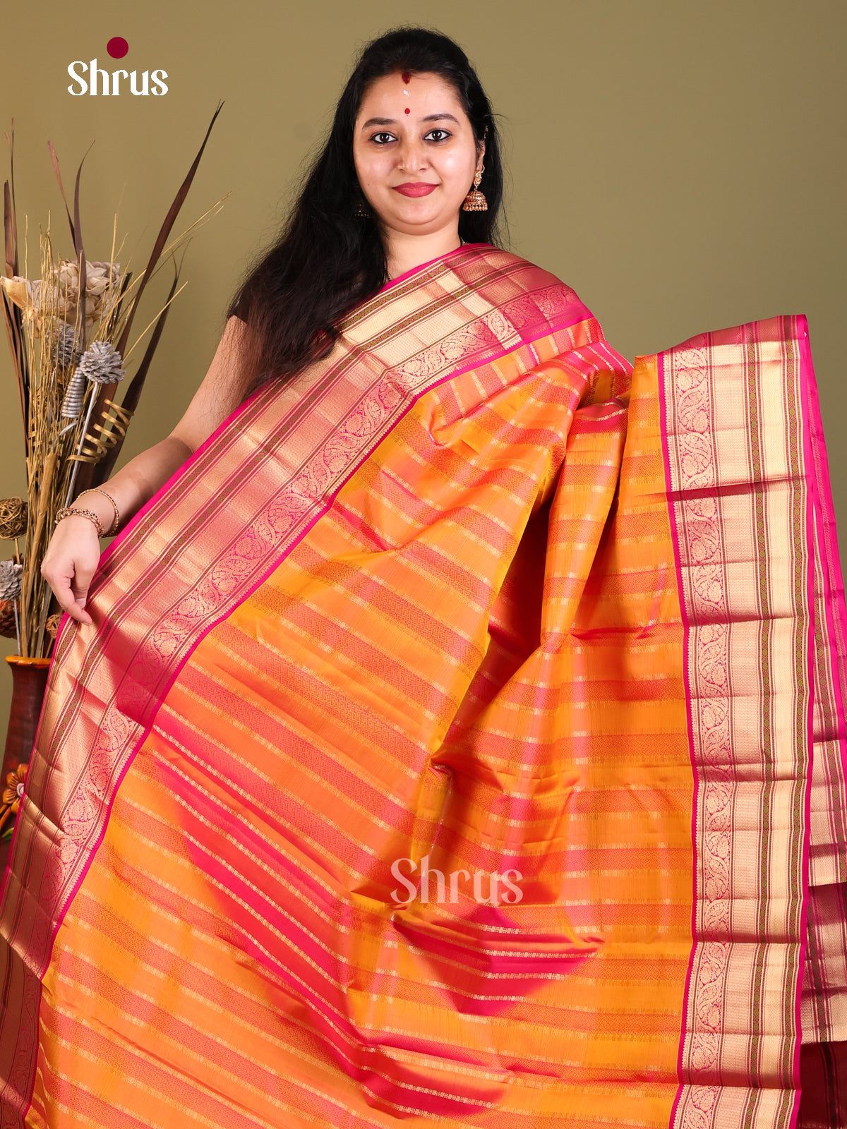 Radiant orange and pink Kanchipuram Butta design Saree -1