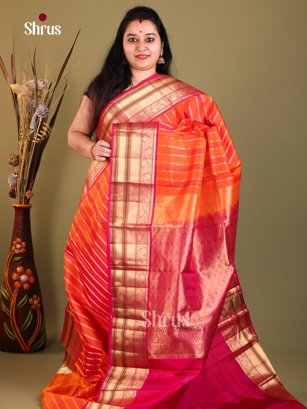 orange and red with line border Kanchipuram Butta design Saree