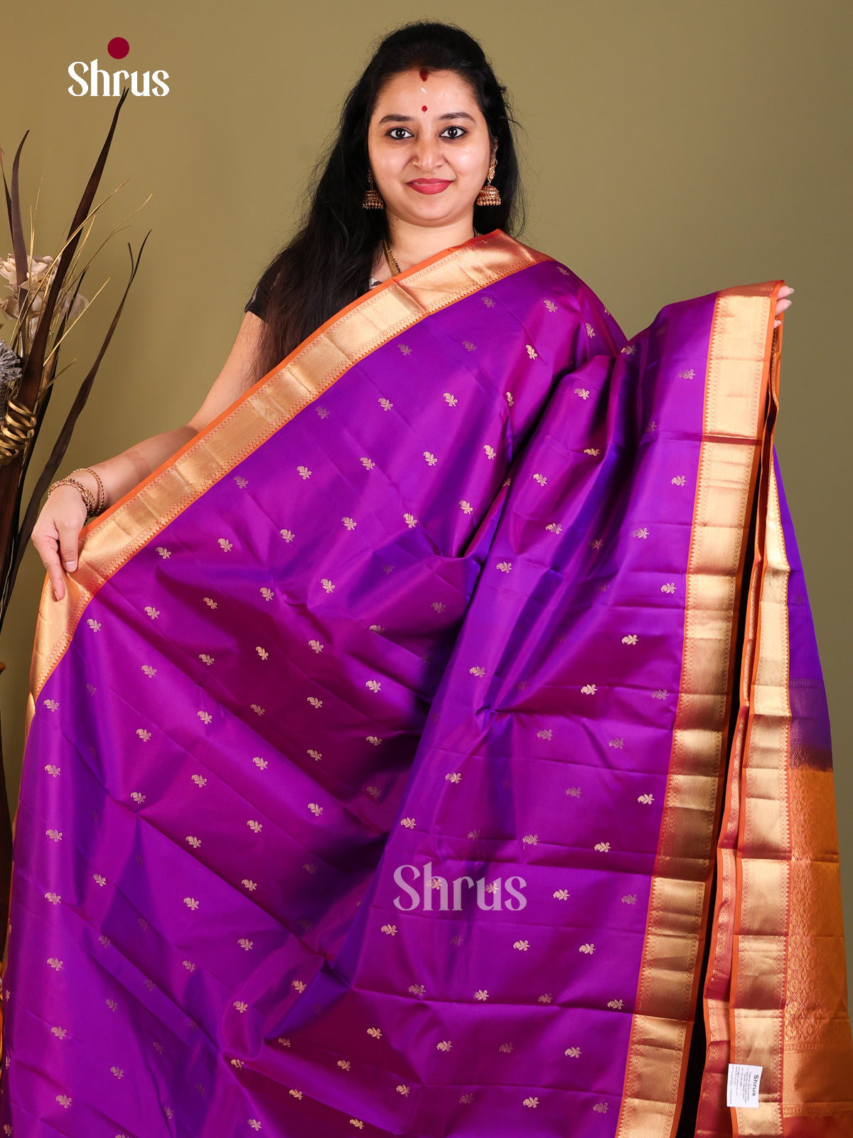 purple orange Kanchipuram Butta design Saree -1